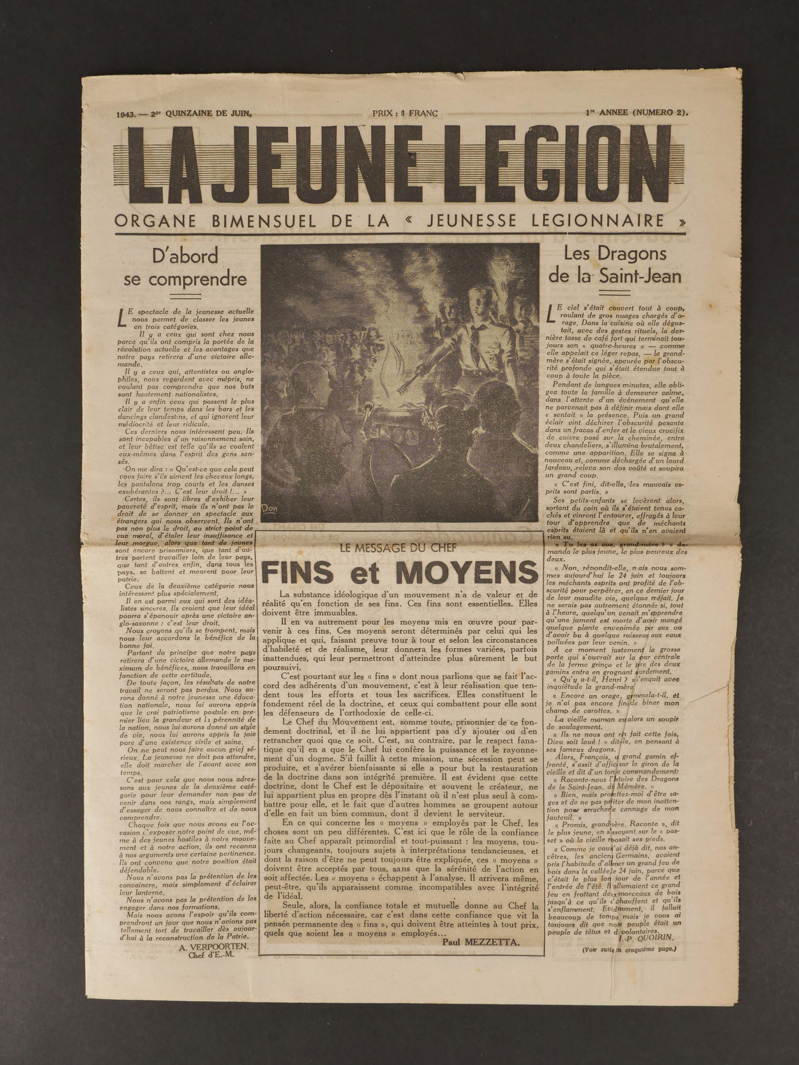 Jeune Legion. Youth Legion.: Ensemble de documents de la Jeune Legion. Comprenant un journal La jeune Legion organe bimensuel de la Jeunesse Legionnaire, 1943, deuxieme quinzaine de juin, premiere annee, 8 pages. Un magazine La J
