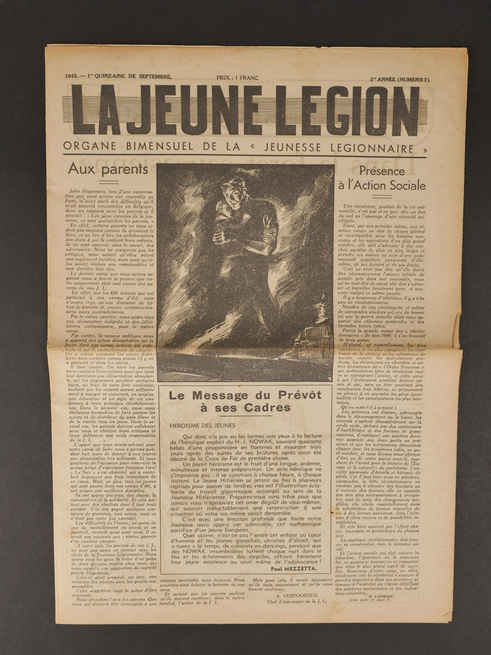 Jeune Legion. Youth Legion.: Ensemble de documents de la Jeune Legion. Comprenant un journal La jeune Legion organe bimensuel de la Jeunesse Legionnaire, 1943, premiere quinzaine de septembre, premiere annee, 8 pages. Un magazine