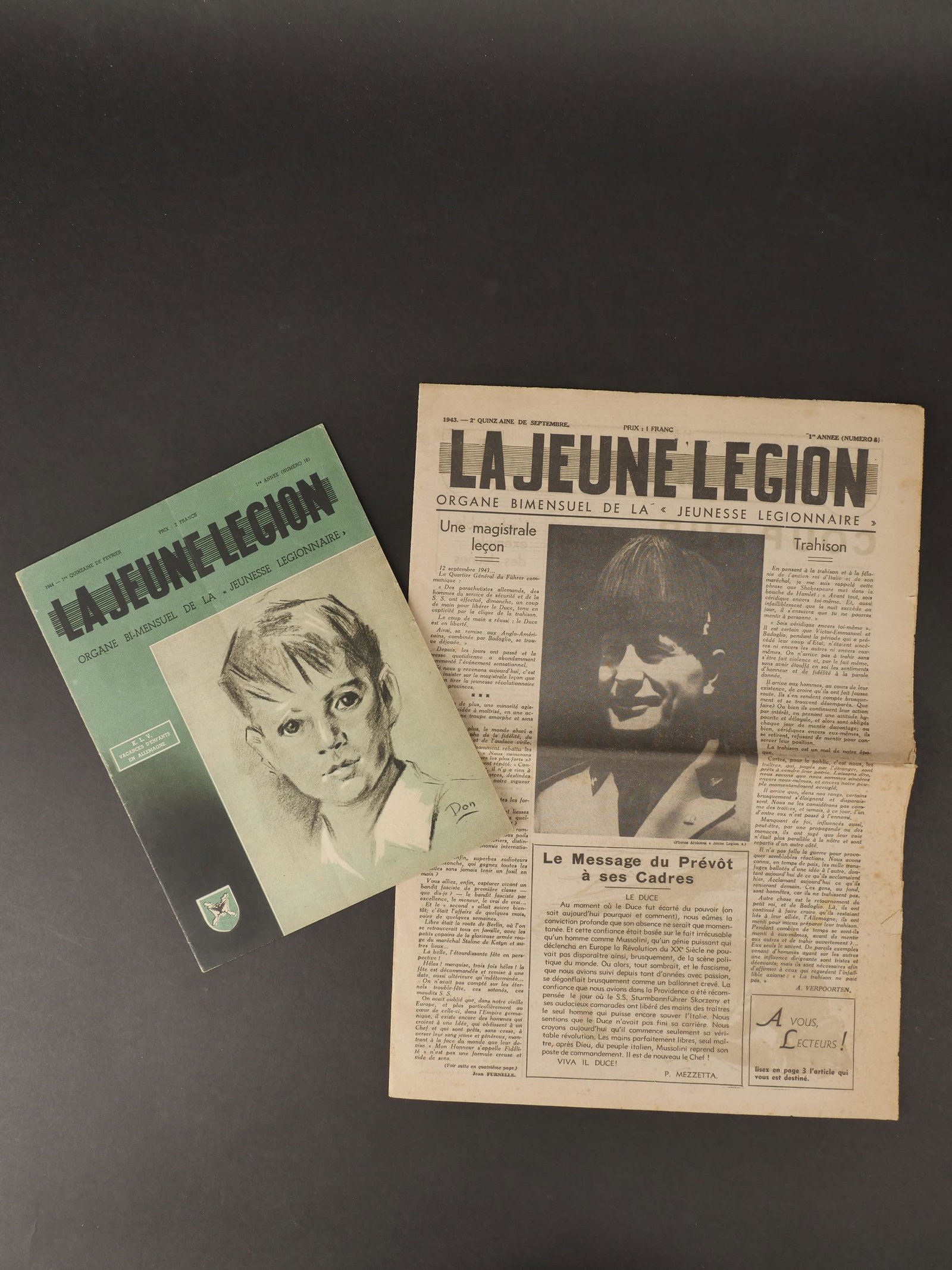 Jeune Legion. Youth Legion.: Ensemble de documents de la Jeune Legion. Comprenant un journal La jeune Legion organe bimensuel de la Jeunesse Legionnaire, 1943, seconde quinzaine de septembre, premiere annee, 8 pages. Un magazine 