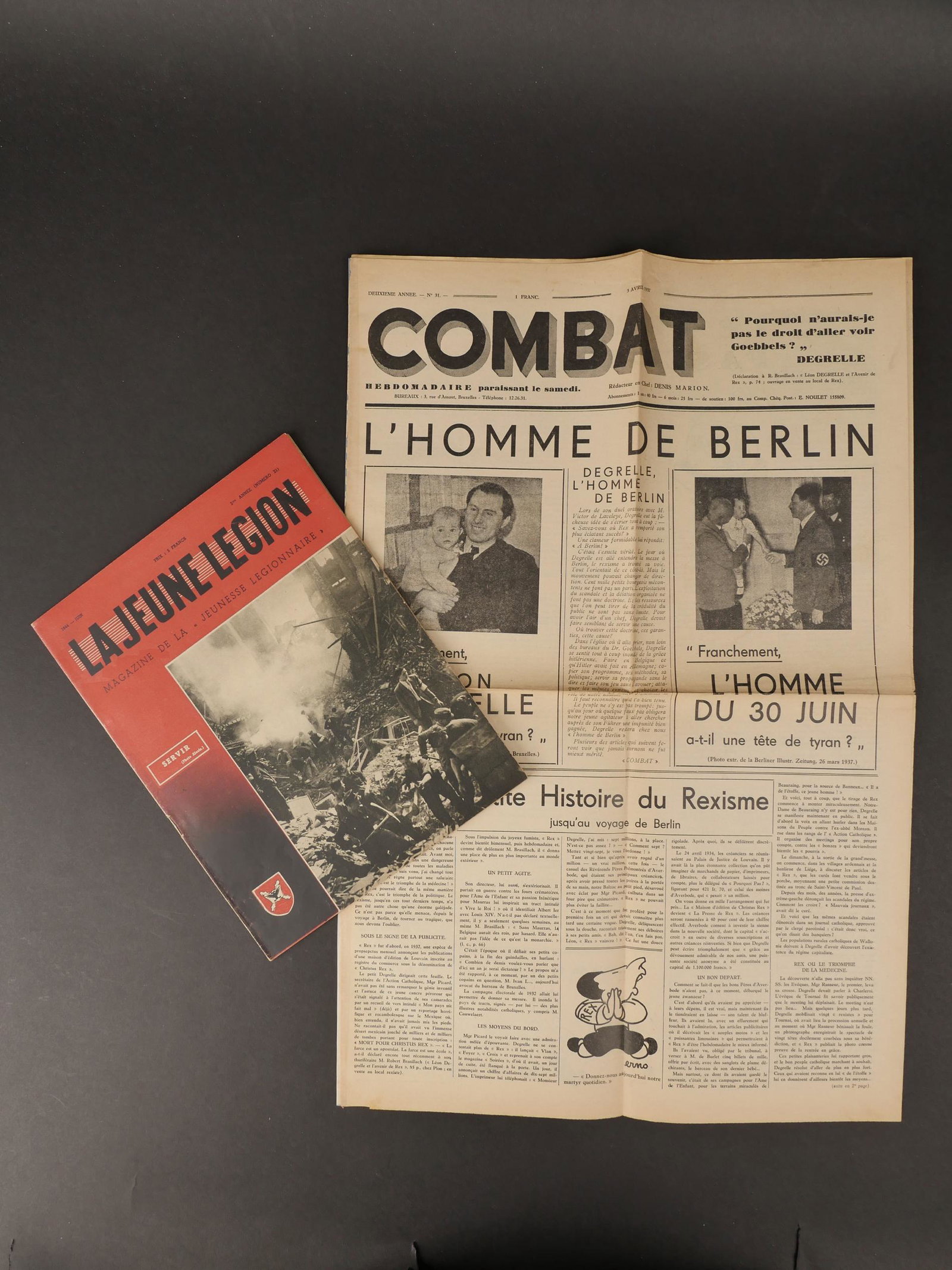 Jeune Legion. Youth Legion.: Ensemble de documents de la Jeune Legion. Comprenant un journal Combat, 3 avril 1937, deuxieme annee, 6 pages, reparations au scotch. Un magazine La Jeune Legion, organe bi mensuel de la Jeunesse Legi