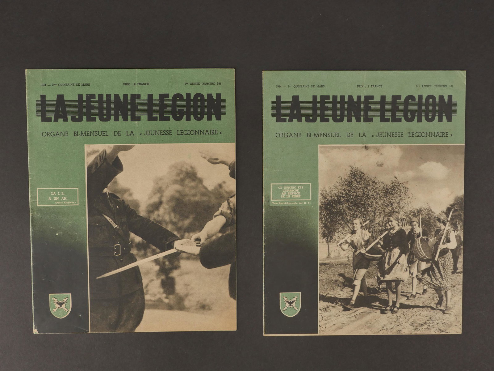 Jeune Legion. Youth Legion.: Ensemble de documents de la Jeune Legion. Comprenant un magazine La Jeune Legion, organe bi mensuel de la Jeunesse Legionnaire, 1944, mars numero 29. Seconde annee. Un magazine La Jeune Legion, organe