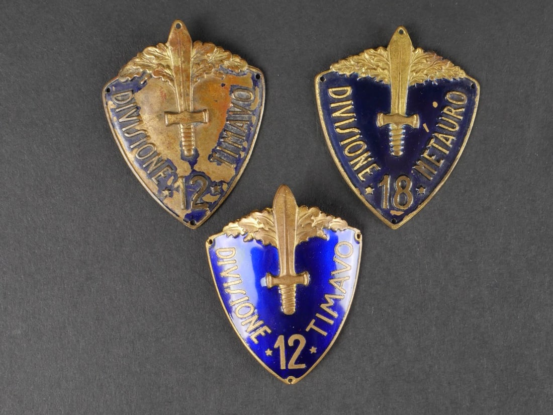 Lot de trois plaques de manche. Set of three handle plates.: Lot de trois plaques de manche. Comprenant une plaque troupe de la Division Timavo, couleur absente, une de la division Metauro et une plaque d’officier emaille de la division Timavo. Etat II-. Set