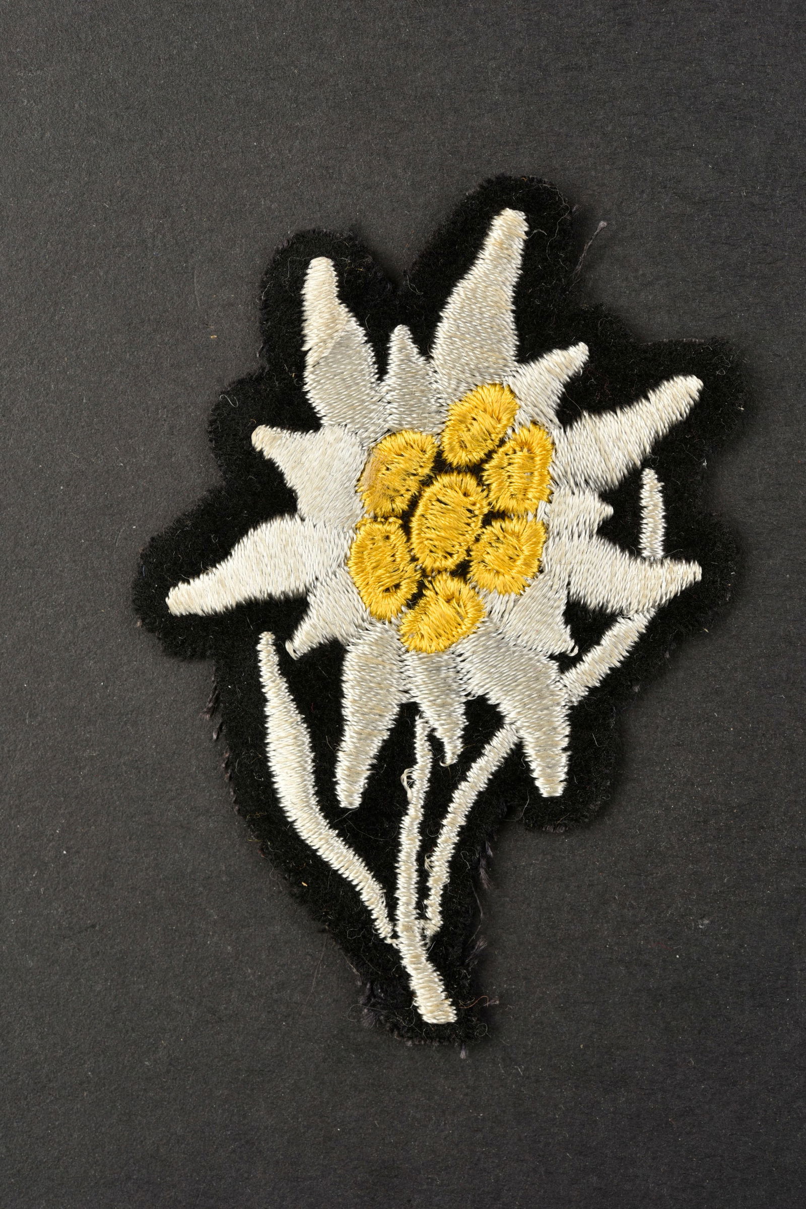 Edelweiss SS.: Edelweiss SS. Modele pour manche d uniforme. Modele detoure en coton. A noter une certaine usure et patine de la piece. Etat II+. Edelweiss SS. Model for uniform sleeve. Cotton trimmed model. Some wea