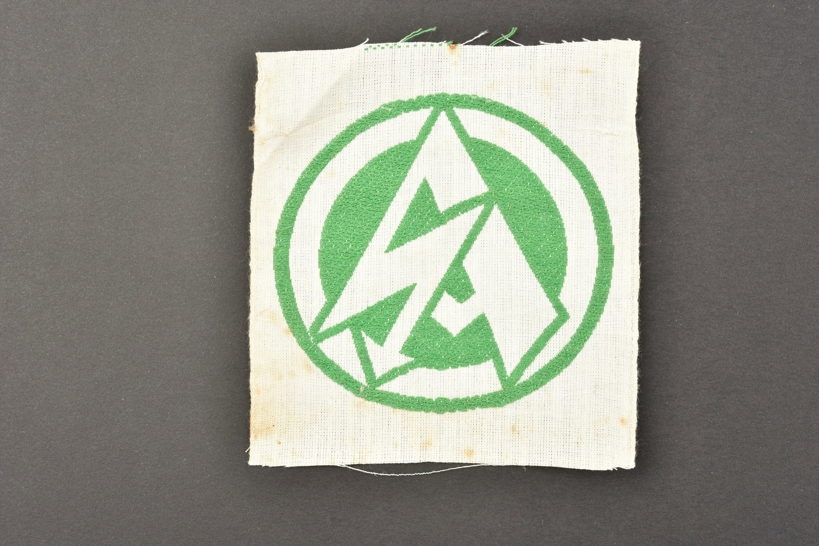 Insigne SA. SA insignia.: Insigne de maillot de sport SA. Modele tisse sur fond blanc, logo SA en tisse en fils vert. Jamais monte. Sans marquages visibles. Dimensions 9,5 x 10,5 cm. A noter une certaine usure et patine de la 