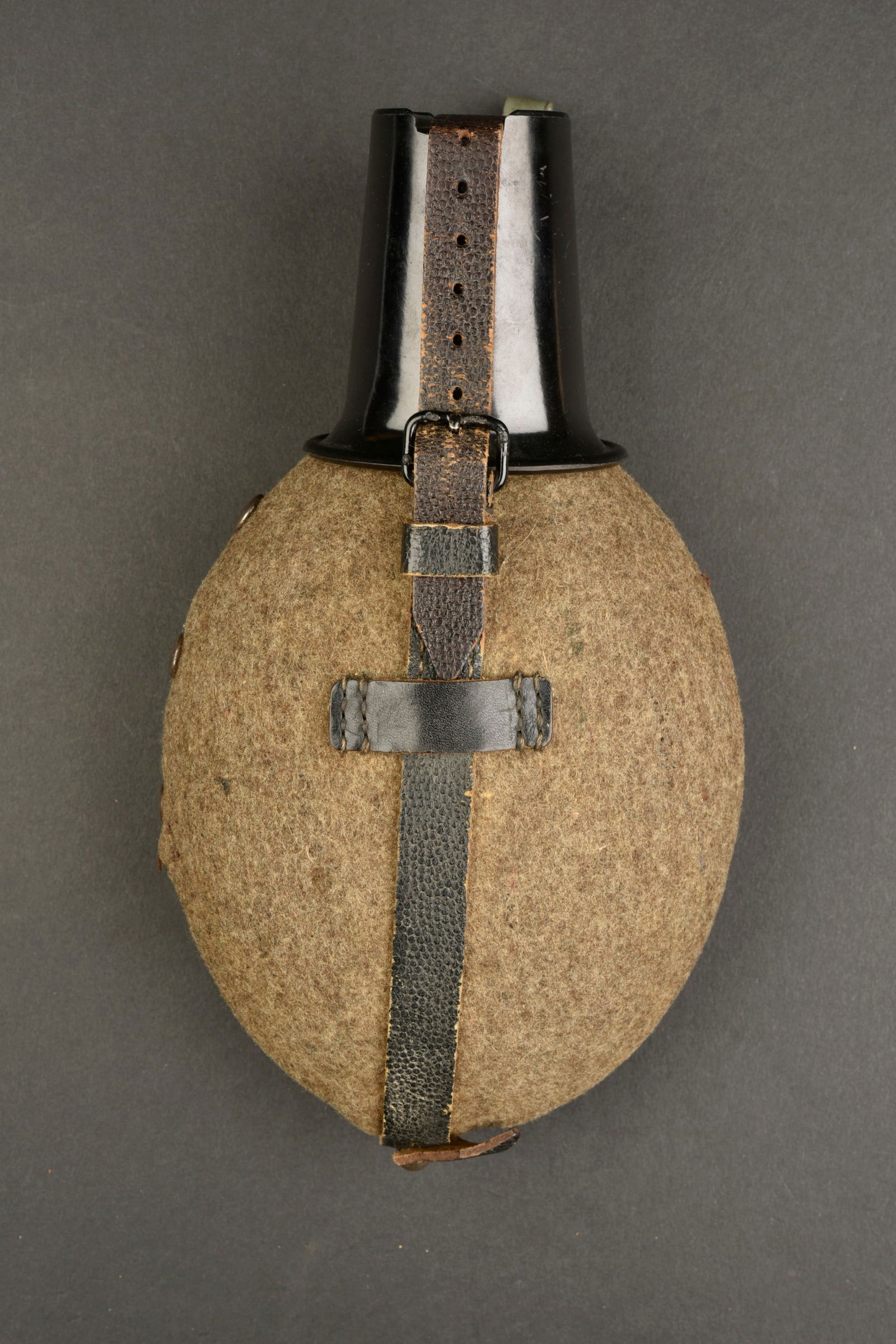 Gourde allemande. German canteen.: Gourde allemande. Gourde et bouchon en metal emaille rouge. Housse en feutrine, les boutons pressions sont fonctionnels. Harnais en cuir complet, le mousqueton est fonctionnel. Quart en bakelite noir.