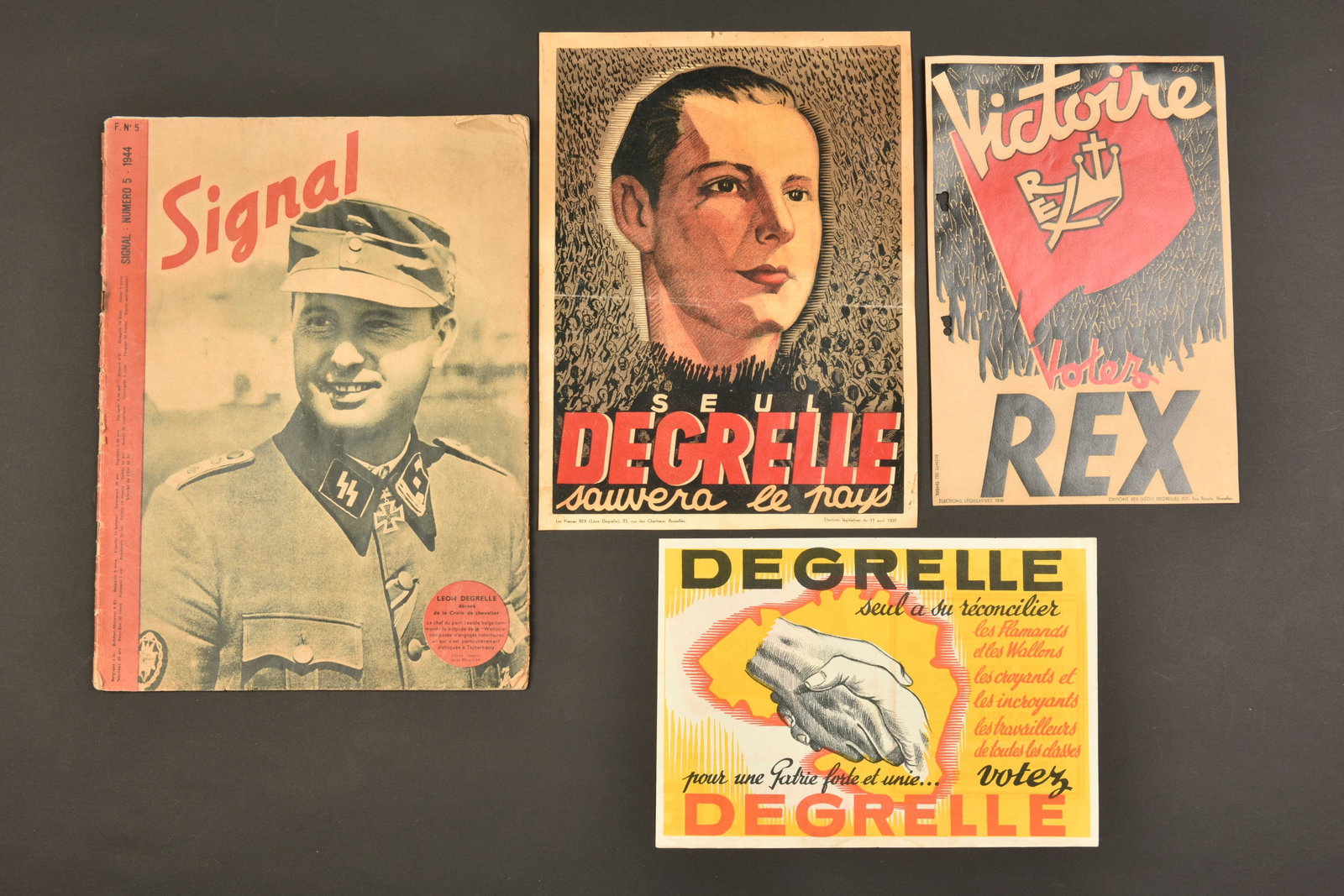 Affichettes REX. REX Poster.: Affichettes REX. Comprenant uneaffichette en couleur, marquee Victoire Votez REX, dessin de Dester, Exempt de Timbre Elections Legislatives 1936 Editions Rex Leon Degrelle, perforation sur le cote gau