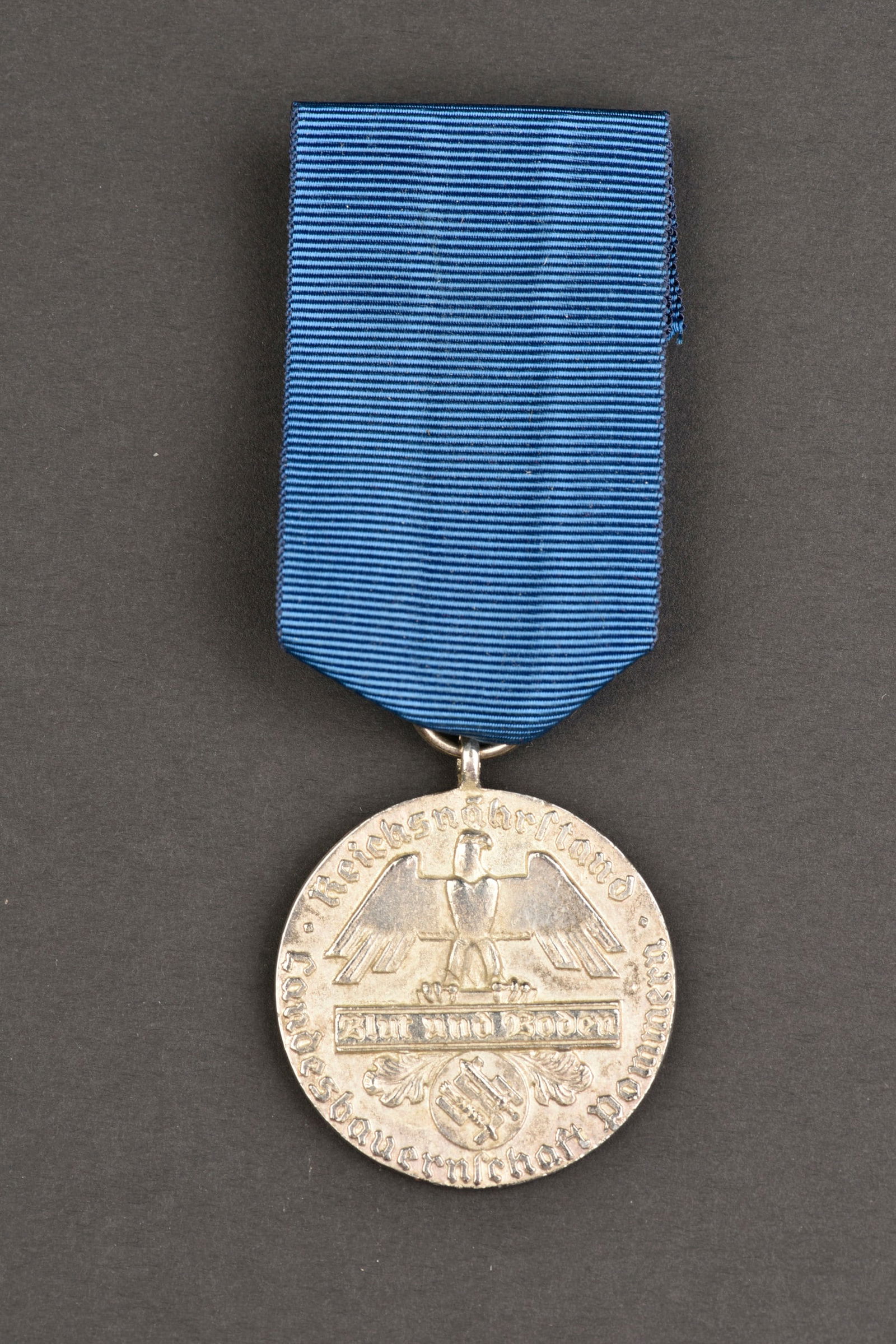 Medaille Blut und Boden. Blut und boden medal.: Medaille Blut und Boden. En metal couleurargent, ruban complet. Marquages Reichsnahrstand Landesbauernschaft Pommern.a noter une certaine usure et patine de la piece. Etat II+. Blut und Boden medal. S