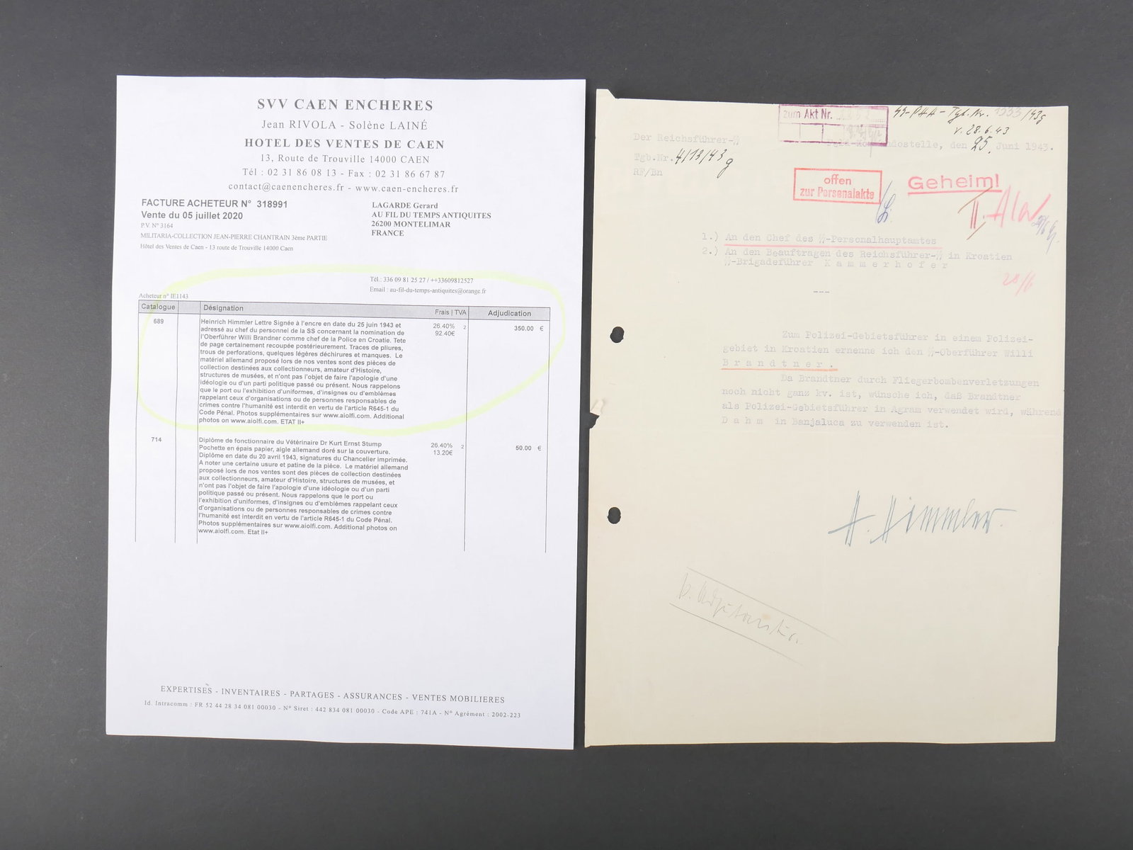 Autographe Heinrich Himmler. Heinrich Himmler autograph.: Autographe de Heinrich Himmler. Lettre dactylographiee. Texte indiquant la nomination de l Oberfuhrer Willi Brandtner comme chef de la police en Croatie. Signature autographe du Reichsfuhrer SS Heinri