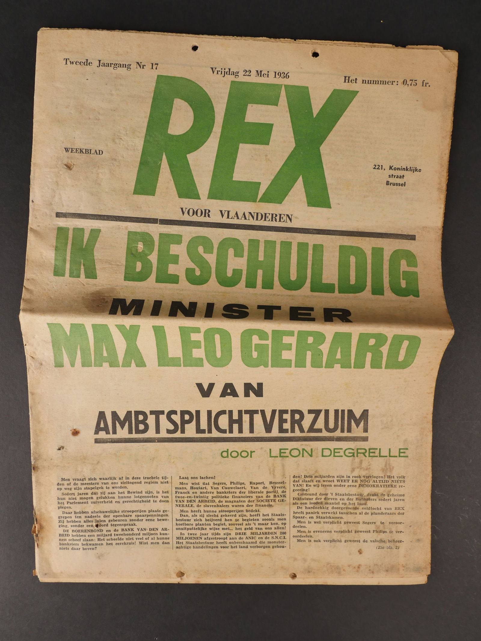 REX Voor Vlaanderen. REX Voor Vlaanderen.: REX Voor Vlaanderen. Exemplaire original du 22 mai 1936. Taches, manques, pliures et salissures. REX Voor Vlaanderen, Original copy of May 22, 1936. Stains, lacks, folds and soiling. Condition II-. Mo