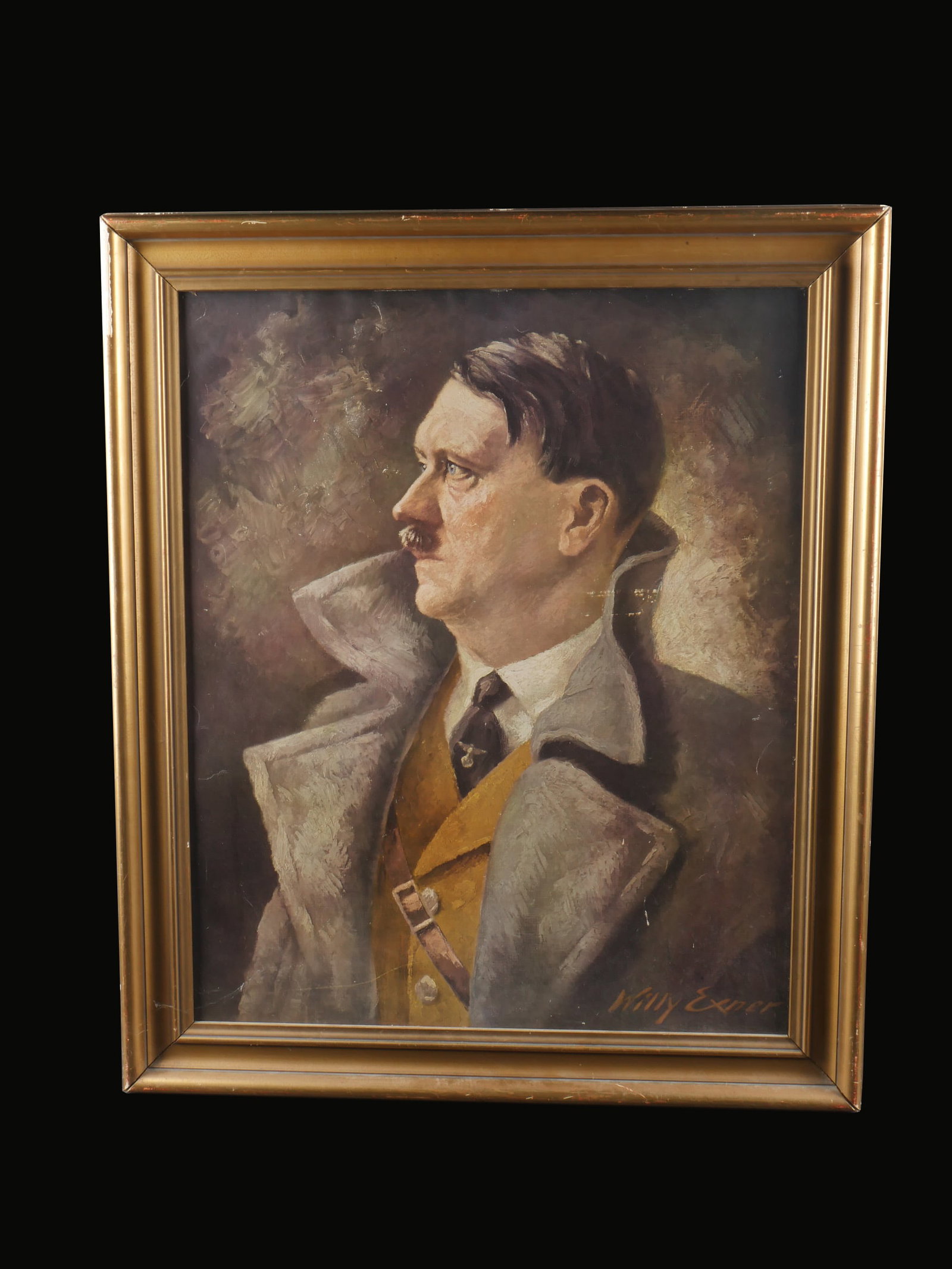 Lithographie du Chancelier allemand. Lithography of the German Chancellor: Lithographie du Chancelier allemand. Belle lithographie en couleur. Nom de l artiste Willy Exmer. La lithographie est partiellement decolle au niveau de la partie superieure de l image. Cadre en bois 