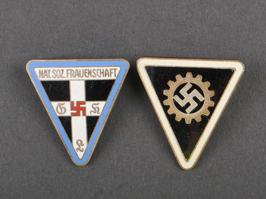 Insigne NS Frauenschaft. NS Faurenschaft insignia.: Insigne NS Frauenschaft. En metal emaille, pourtour de couleur bleu, attache complete, fabrication RZM 13. On y joint un insigne en metal emaille du DAF, attache complete, fabrication RZM M1/18, corre