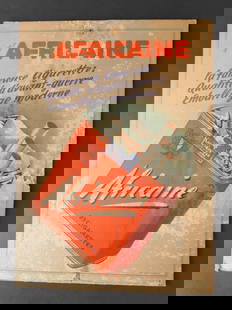 Publicite cigarettes l Africaine. dvertising poster for L’Africaine cigarettes: Affiche publicitaire pour les cigarettes L’Africaine, imprimee en couleur sur carton rigide. L’illustration est signee par l’artiste Wismer. Il s’agit d’une impression realisee par Heintz