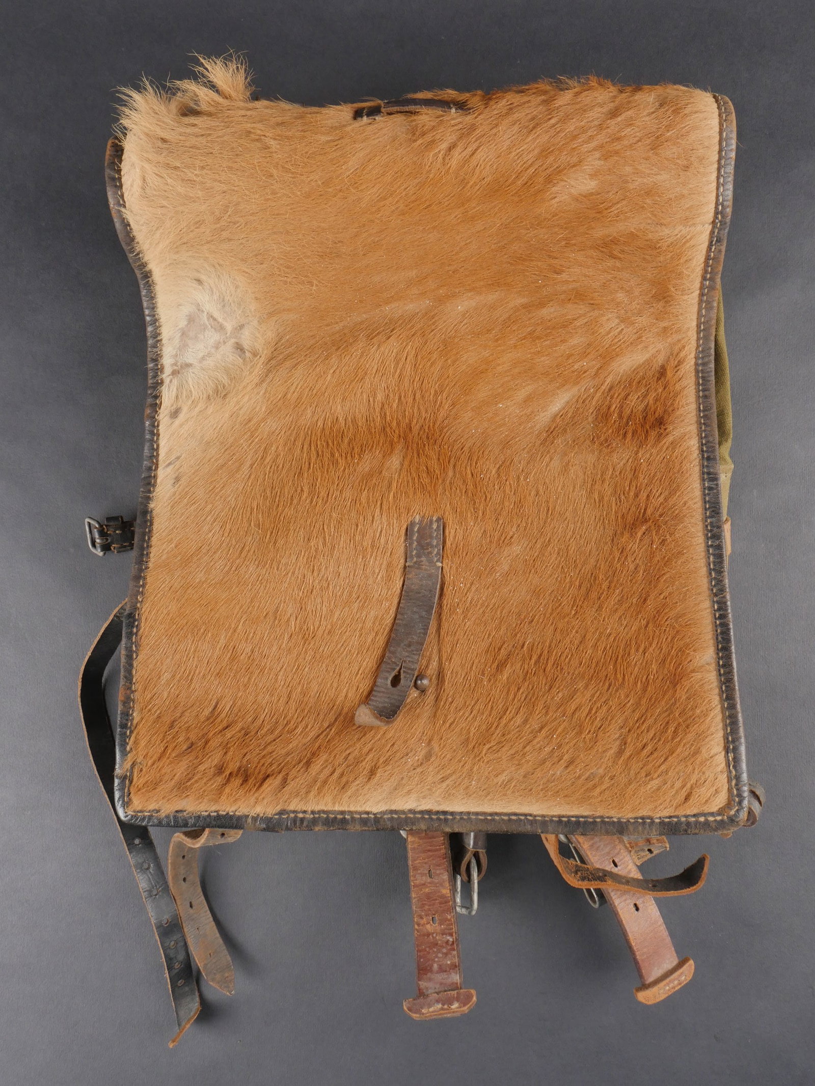 Sac poils de vache. Cowhide backpack: Sac a dos en poils de vache. Toile Feldgrau. Poils roux avec manques visibles. Sangles completes. Sac date 1941. Bretelles completes egalement datees 1941. Presente une certaine usure et patine. etat 