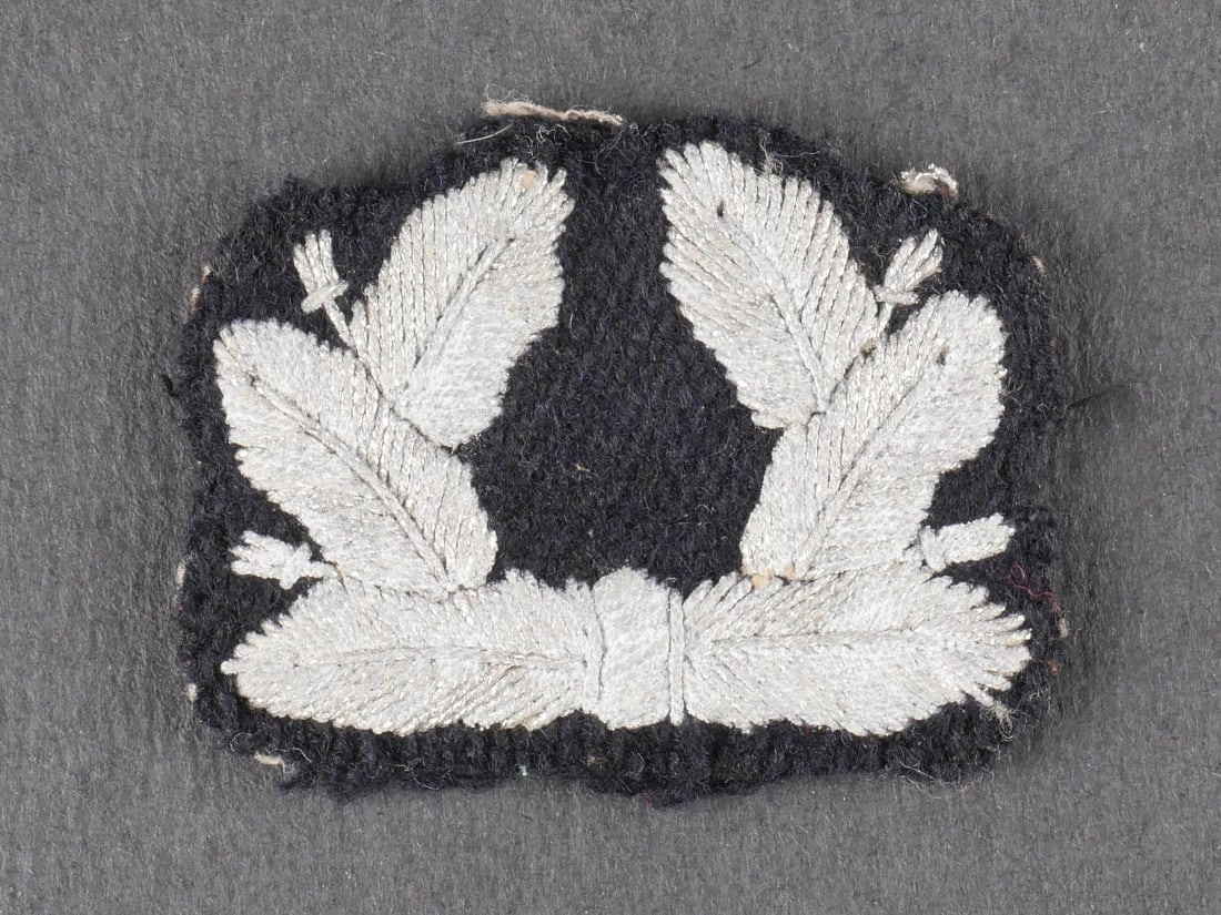 Insigne Wnv. Wnv badge.: Insigne de coiffure de la WNW, destine a la casquette d’officier. Feuilles de chene en cannetille argent brodees sur un fond de drap noir. On releve une usure ainsi qu’une patine caracteristique d