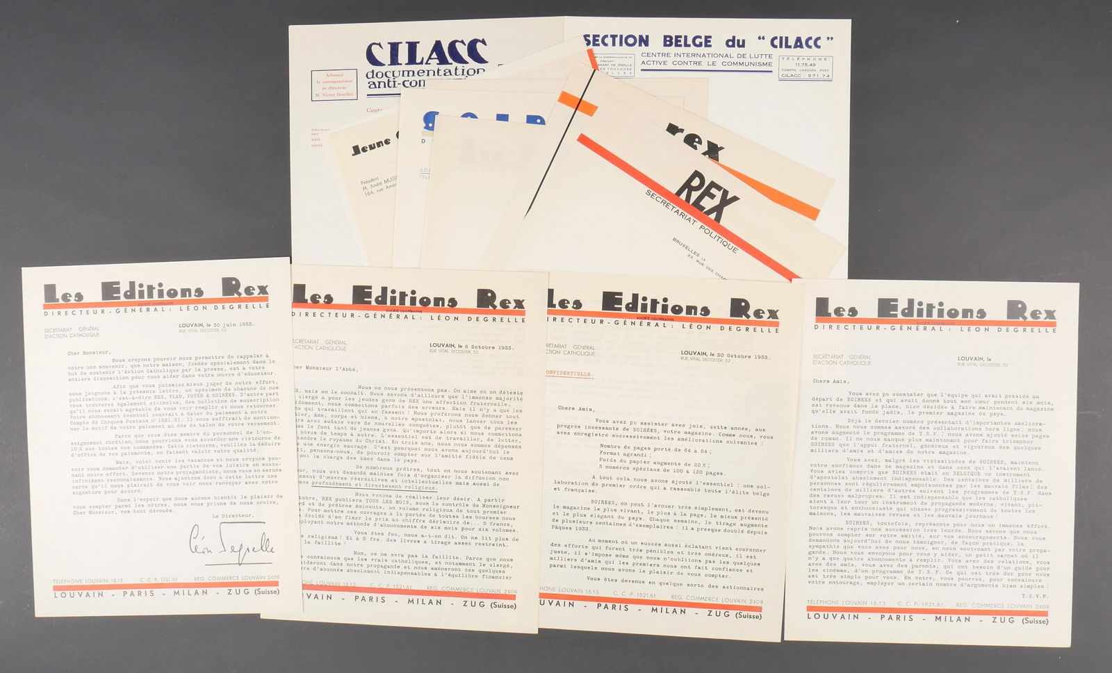 Papiers a lettre d organes de REX. Letterhead from REX organizations.: Papiers a lettre des differents organes de REX. Comprenant un papier a lettre a en-tete de Cilacc documentation anti-communiste, vierge. Un papier a lettre a en-tete de la section belge du Cilacc docu