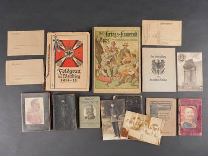 Lot de livrets et publications patriotiques allemandes ww1. Set of WWI German patriotic booklets and: Lot de livrets et publications patriotiques allemandes ww1. Livre Feldgrau im Weltkrieg avec lithographies, Kriegskamerad 1929, livre de prieres, carnet de chants, cartes postales, Feldpostbrief vierg