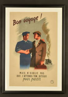 Affiche STO. STO poster.: Belle affiche entoilee du STO encadree intitulee Bon Voyage. Dimensions de lAffiche 60cmx38, 5cm. Cadre moderne. Framed STO poster titled “Bon Voyage.” Linen-backed. Dimensions of the poster 6