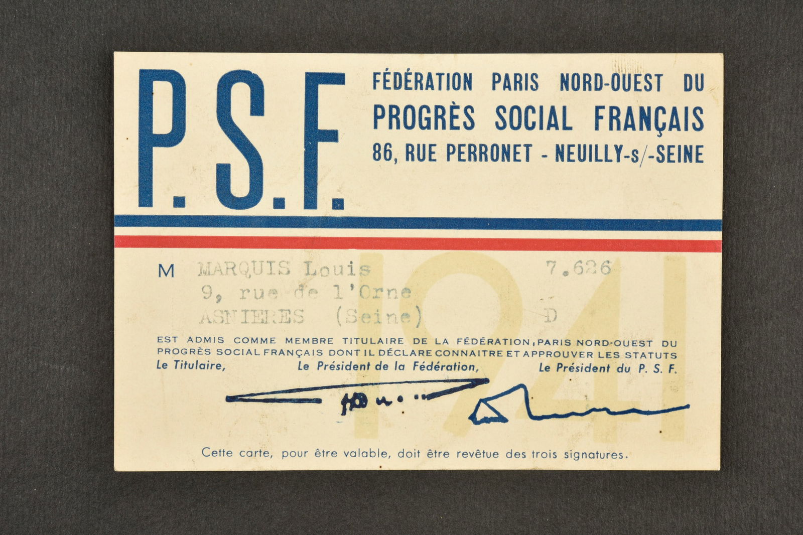 Carte de membre du PSF. PSF membership card. (1 of 2)