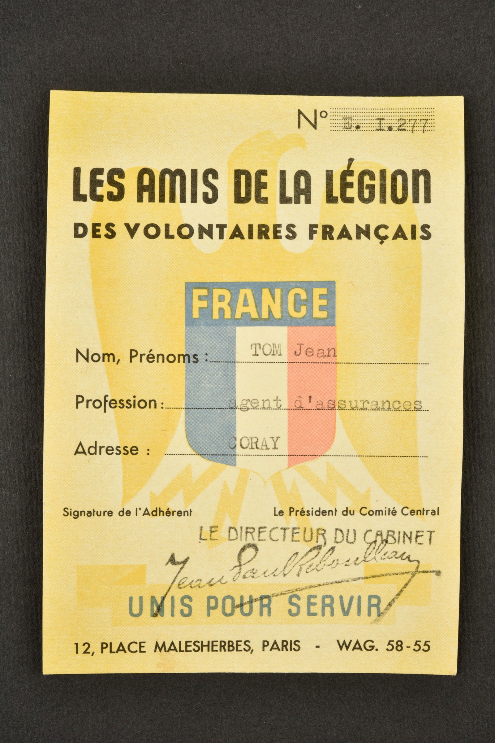 Carte des Amis de la LVF. Friends of the LVF membership card (1 of 3)
