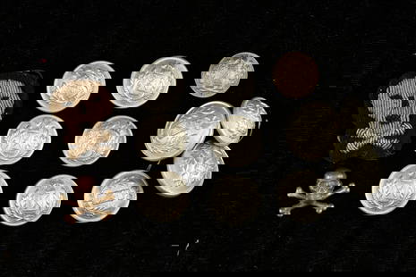 Un lot de boutons de police Vichy. A lot of Vichy police buttons.: Un lot de boutons de police Vichy. Ce lot comprend onze boutons de la police de vichy, de divers tailles. On y joint deux insignes, un en metal et un en cannetilles souvent decrit et affectes au group