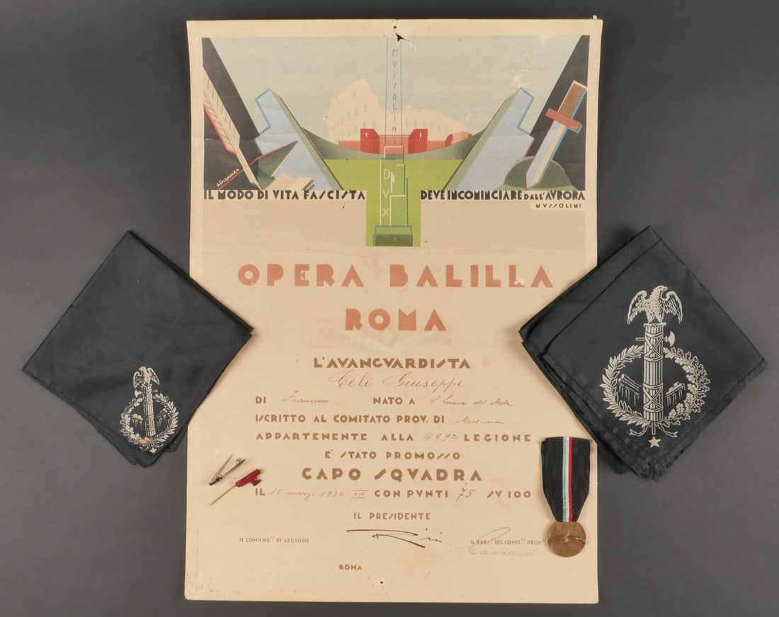 Diplome davant gardiste ONB. ONB Avant-Gardist Diploma.: Diplome d’avant-gardiste ONB. Diplome en papier cartonne, en couleur, marque Opera Balilla Roma Avangvardista. Attribue a Celi Giuseppe, le 15 mars 1936. Quelques traces de pliures visibles, ainsi q