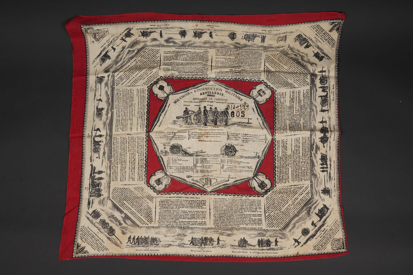 Mouchoir d instruction militaire N5. Military instruction handkerchief No. 5: Mouchoir d instruction militaire N5. Mouchoir sur le theme de l artillerie de campagne, service des canons de 80 et 90 representes ainsi que divers manœuvres a effectuer avec le canon. Tampon d un