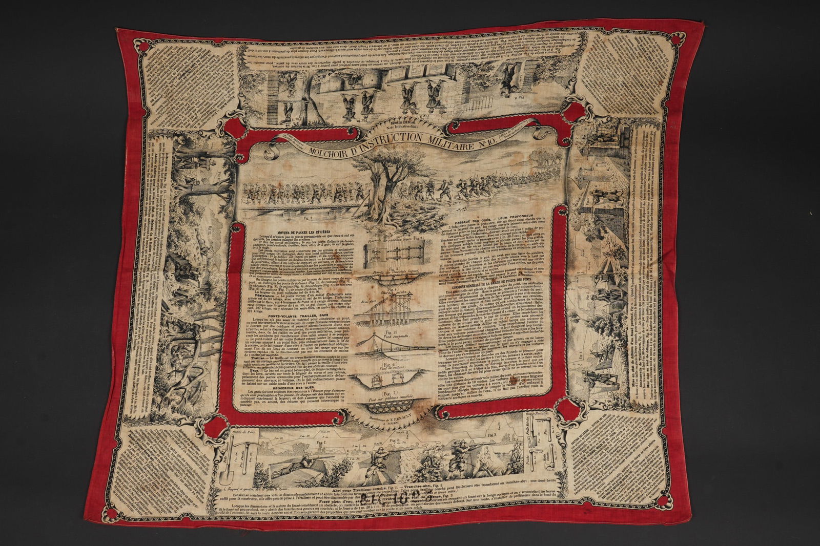 Mouchoir d instruction militaire N10 infanterie coloniale. Military instruction handkerchief No. 10,: Mouchoir d instruction militaire N10 infanterie coloniale. Mouchoir sur le theme des abris de tirailleurs et destructions, on y voit les divers moyens de passer une riviere, le passage des guets et
