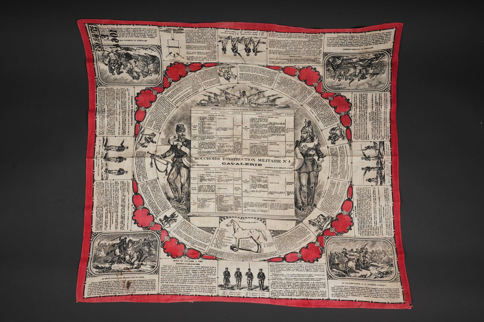 Mouchoir d instruction militaire N4. Military instruction handkerchief No. 4: Mouchoir d instruction militaire N4. Mouchoir sur le theme de la cavalerie, de l instruction pour le paquetage de route de campagne et de parade. Diverses representations. Effet tamponne du 27eme