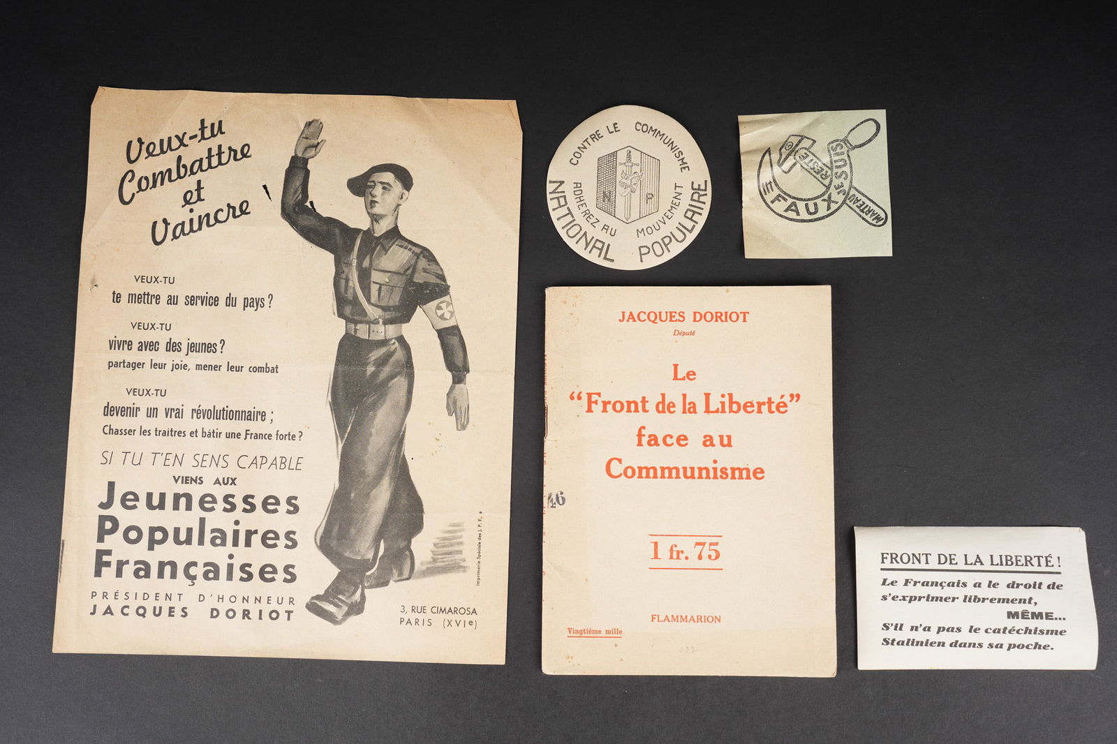 Ensemble documents JPF et Doriot. Group of documents relating to the JPF and Doriot: Ensemble documents JPF et Doriot. Ensemble comprenant un tract au format A4 incitant les jeunes a rejoindre les Jeunesses Populaires Francaises, ayant pour president d honneur Jacques Doriot, possedan