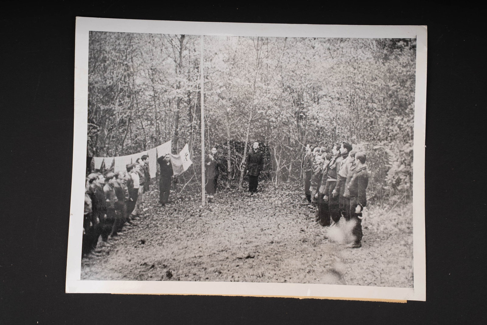 Photo de presse FFI. FFI press photograph.: Photo de presse FFI. En noir et blanc. 16,5 x 21 cm. Intitulee De Gaulle is leader of these maquis somewhere in France. Datee du 12 mai 1944. A noter une legere usure et patine de la piece. Etat I-. F