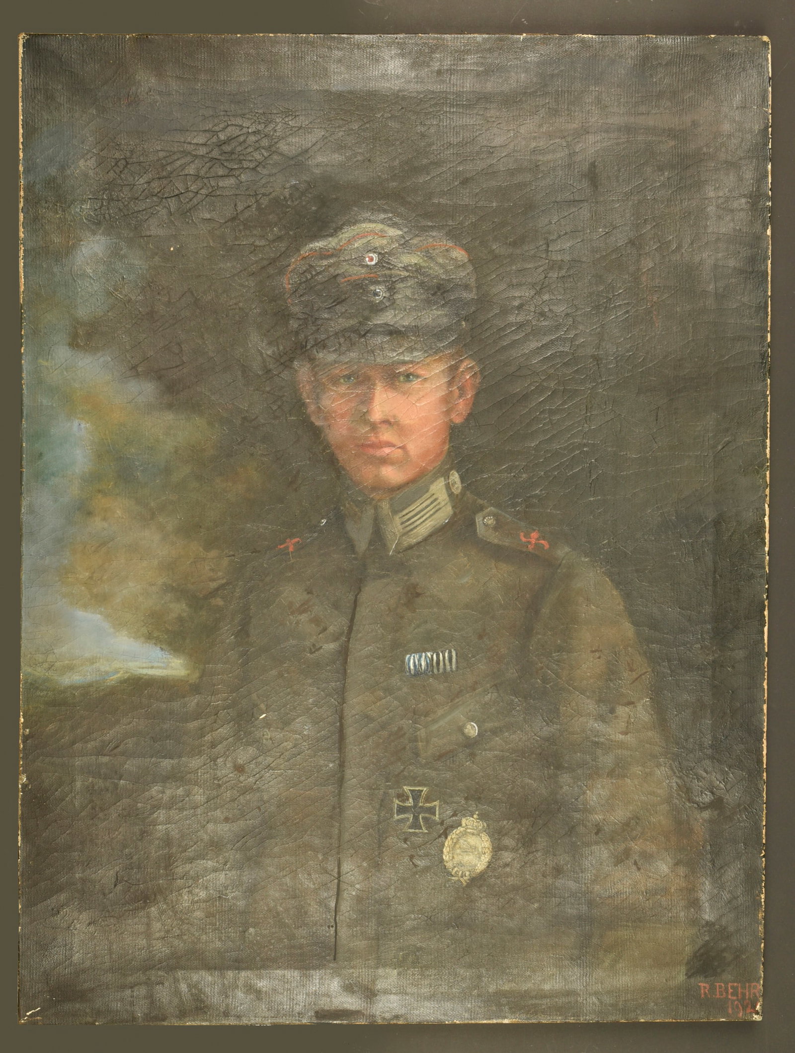 Huile sur toile d un sous-officier pilote bavarois. Oil painting on canvas of a Bavarian pilot NCO.: Huile sur toile d un sous-officier pilote bavarois. Joli portrait d un pilote bavarois. Sous-officier en Bluse M1915, avec Litzen et boutons de grade au col, brevet de pilote bavarois, Croix de Fer 1e
