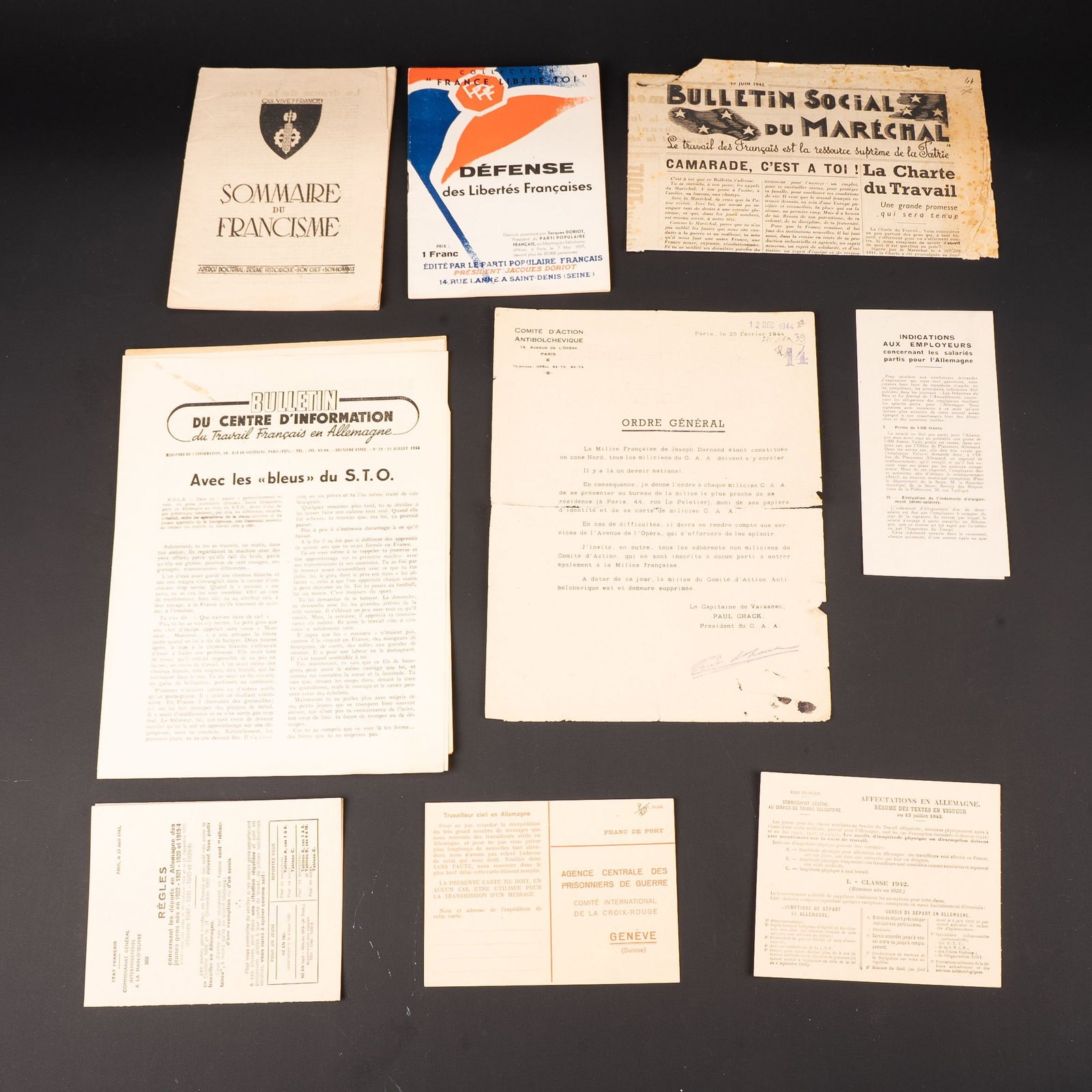 Collaboration francaise. French collaboration.: Collaboration francaise. Comprenant des feuillets intitules Regles concernant les departs en Allemagne des jeunes gens, Paris le 23 aout 1943. Un feuillet marque Indications aux employeurs concernant