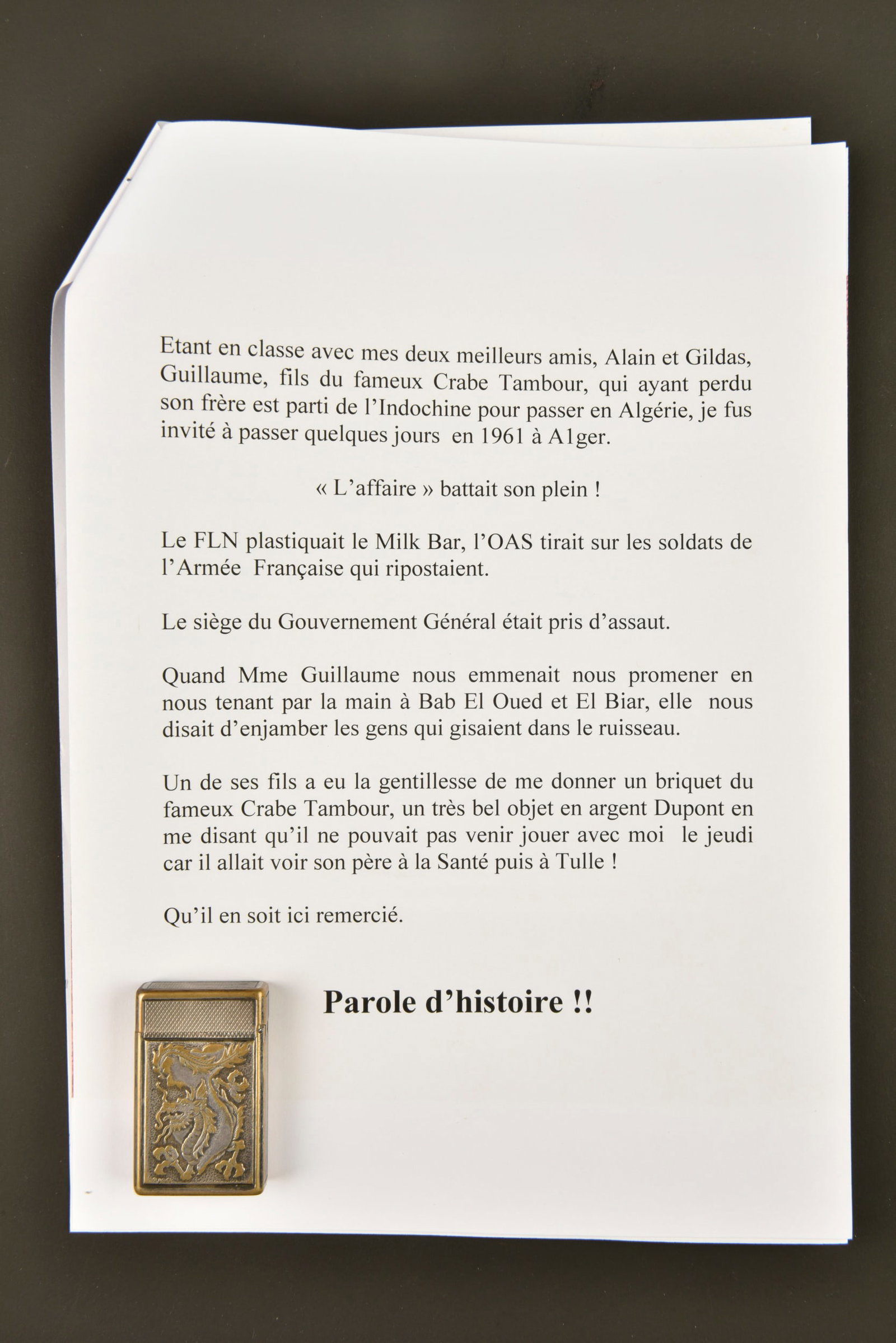 Briquet Dupont de Pierre Guillaume alias Crabe Tambour. Dupont lighter belonging to Pierre Guillaume (1 of 5)