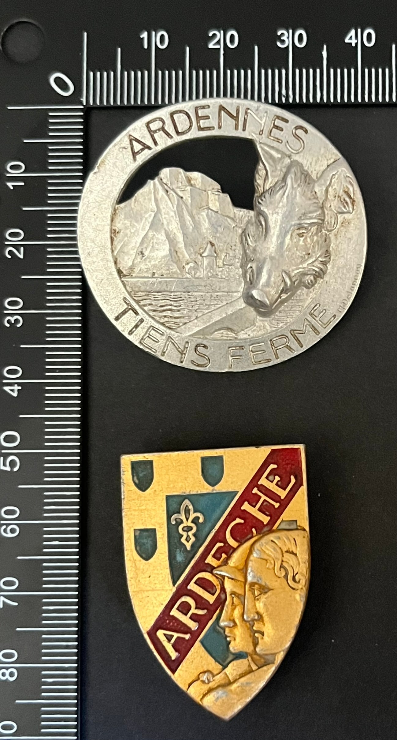 FRANCE Dpt07 et 08 INSIGNES FFI. France FFI insignia Departments 07 and 08: Lot de 2 pieces Insigne Formation Premilitaire Ardeche (tirage 2685) Augis Alu peint Maquis des Ardennes (tirage estime 100 a 200) fabrication locale par moulage en Aluminium sans Ref Dictionnaire d