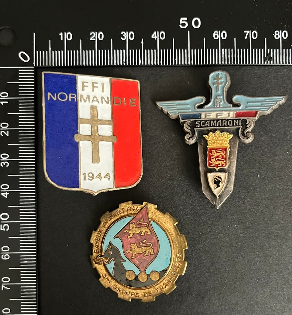 FRANCE Dpt14 INSIGNES FFI. France FFI insignia Department 14: Lot de 3 pieces Insigne FFI Normandie Sans emaille Compagnie FFI Scamaroni (tirage estime 250 a 300) Sans peint 3eme Groupe de Transport FFI (tirage estime 300 a 800) Drago emaille Ref Dictionnaire d 