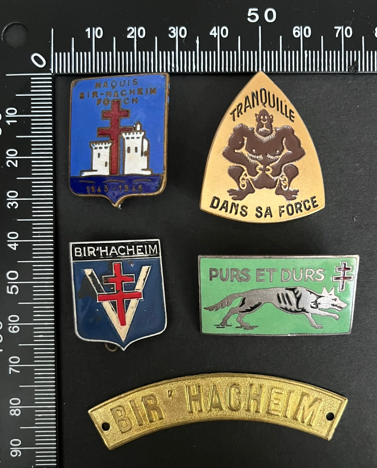 FRANCE Dpt16 INSIGNES FFI. France FFI insignia Department 16: Lot de 5 pieces Insigne Maquis de Bignac 35x30 7mm (tirage estime 150 a 200) Sans Alu dore bombe Amicale Bir - Hacheim Foch 1943-1945 (tirage estime 450) Sans emaille Amicale Bir Hacheim (tirage 500) 