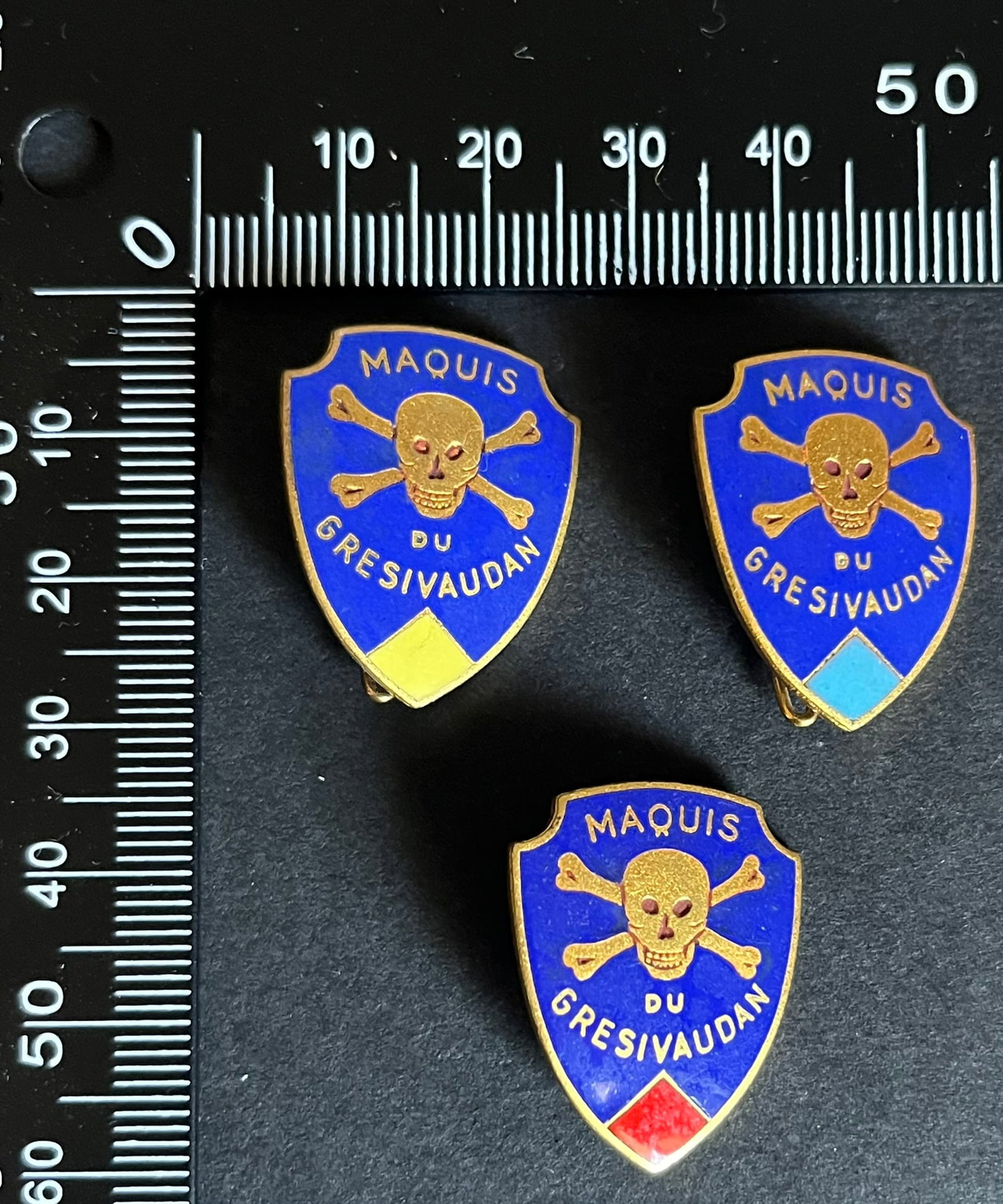 FRANCE Dpt38 INSIGNES FFI. France FFI insignia Department 38: Lot de 3 pieces Insigne Amicale des Maquisards des Gresivaudan 1ere edition - email rouge Etat Major (tirage 96) Augis emaille un autre email turquoise Compagnie Bernard ex A.S. (tirage 75) Augis emai