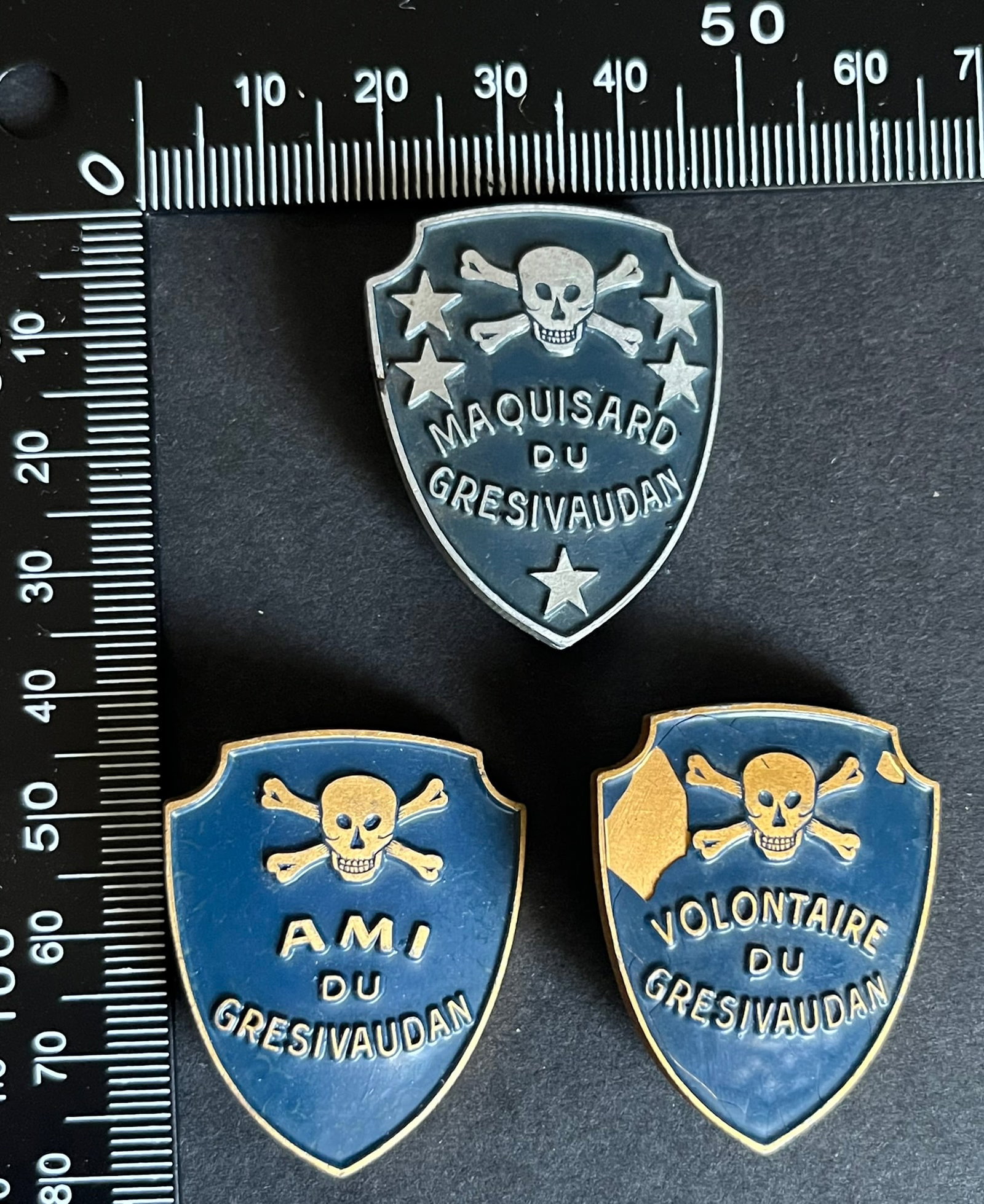 FRANCE Dpt38 INSIGNES FFI. France FFI insignia Department 38: Lot de 3 pieces Insigne Amicale des Maquisards des Gresivaudan 2eme edition 29 x 35 mm - Volontaire du Gresivaudan Augis Alu peint (eclat) un autre Maquisards du Gresivaudan Augis Alu peint un autre A
