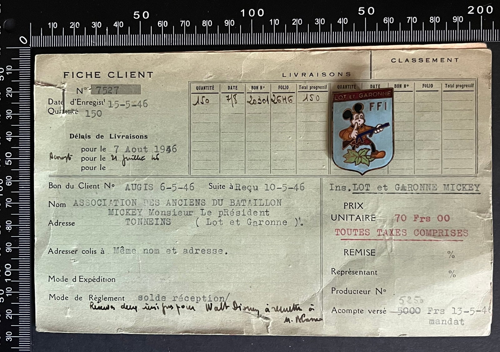 FRANCE Dpt47 INSIGNES FFI. France FFI insignia Department 47: Insigne du Bataillon Mickey FFI A.S. (tirage 150 dont 2 pour Walt Disney) Augis emaille avec la Fiche de Fabrication de la Maison Augis Ref Dictionnaire d identication des Insignes de la Resistance Fr