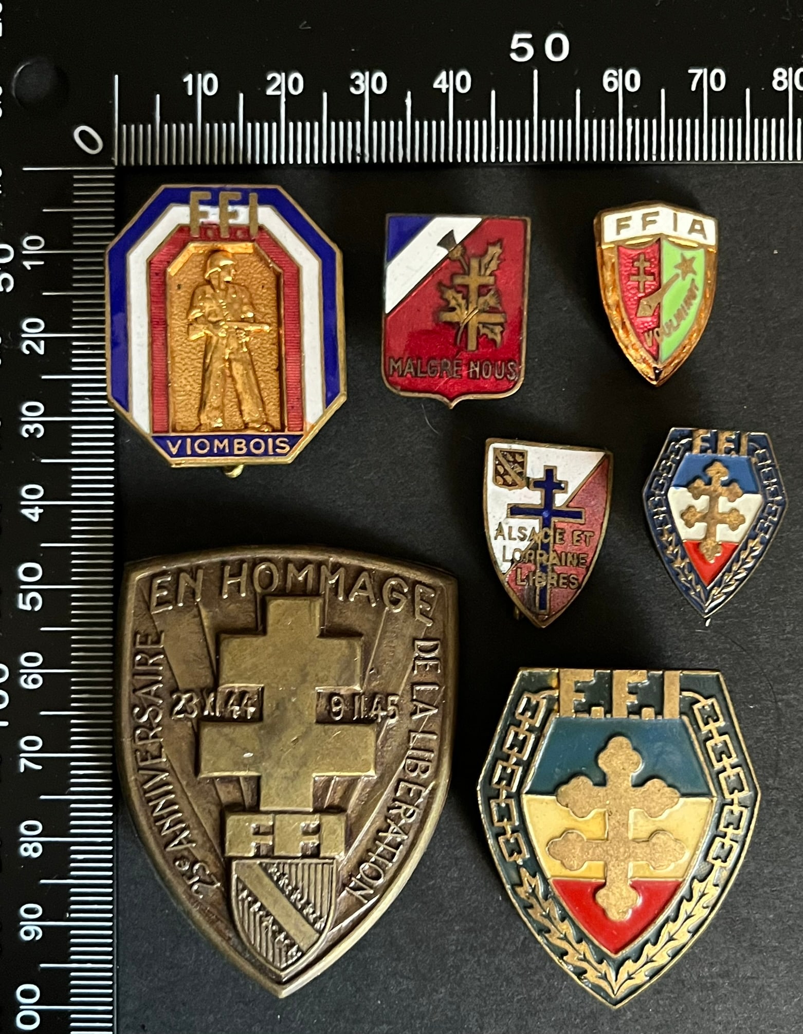 FRANCE Dpt54 et 67 INSIGNES FFI. France FFI insignia Departments 54 and 67: Lot de 7 pieces Insigne Groupe Mobile d Alsace Vosges Viombois (tirage 588) Sans emaille, FFI Lorraine - 149 RI (tirage estime 3000) Sans peint un autre pour boutonniere a patin Malgre Nous boutonnier