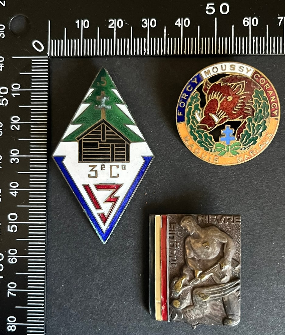 FRANCE Dpt58 INSIGNES FFI. France FFI insignia Department 58: Lot de 3 pieces Insigne du Maquis Mariaux modele ajoure email a chaud (tirage estime 650) Sans 3eme Compagnie du 1er regiment du Morvan (tirage 130) AB poincon (epingle cassee revers oxyde) Maquis de 