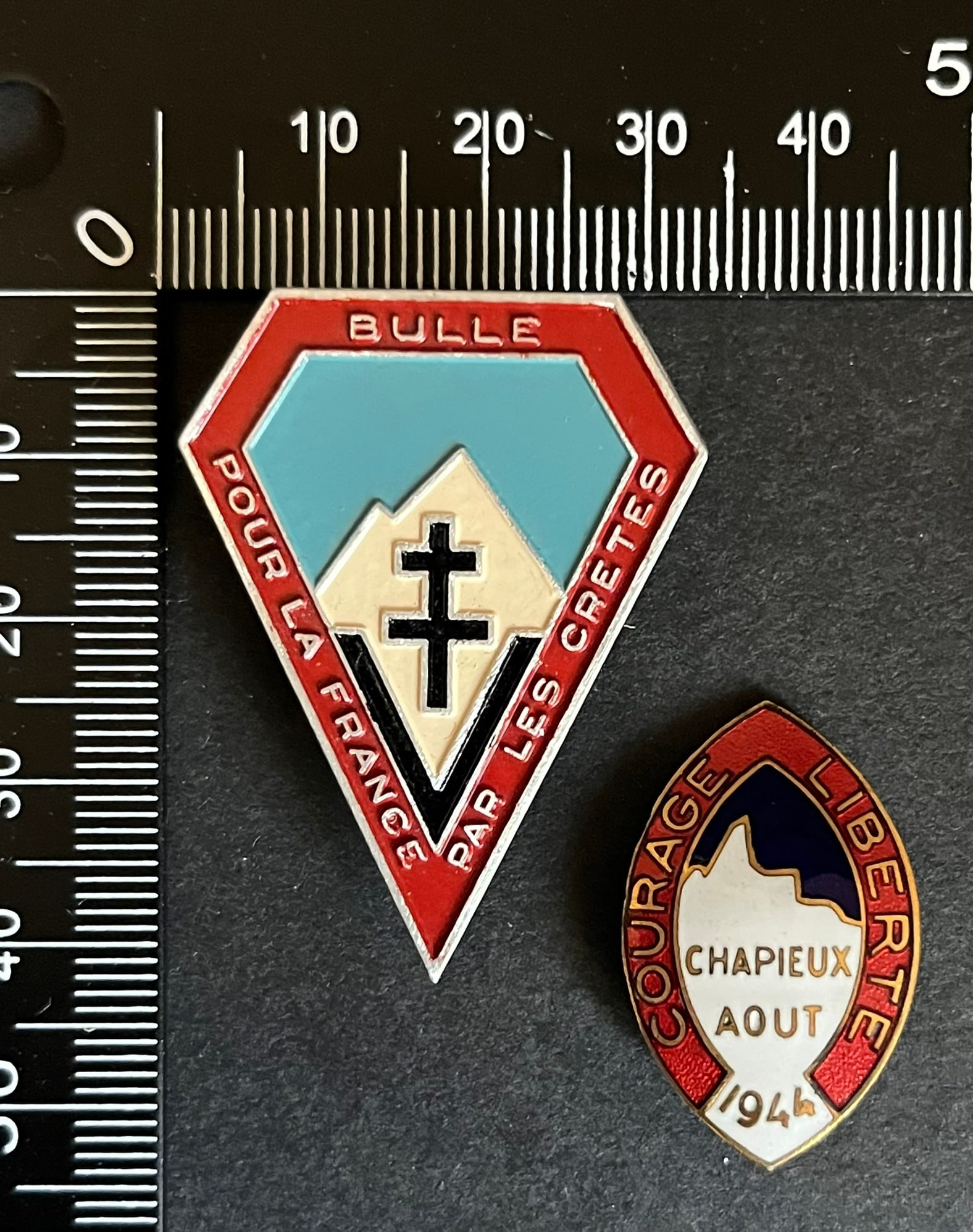FRANCE Dpt73 INSIGNES FFI. France FFI insignia Department 73: Lot de 2 pieces Insigne du Bataillon Bulle 31 x 41 mm (tirage estime 1000) Augis Alu peint Combats de Champieux 1944 boutonniere 29 x 18 AB poincon emaille Ref Dictionnaire d identication des Insignes