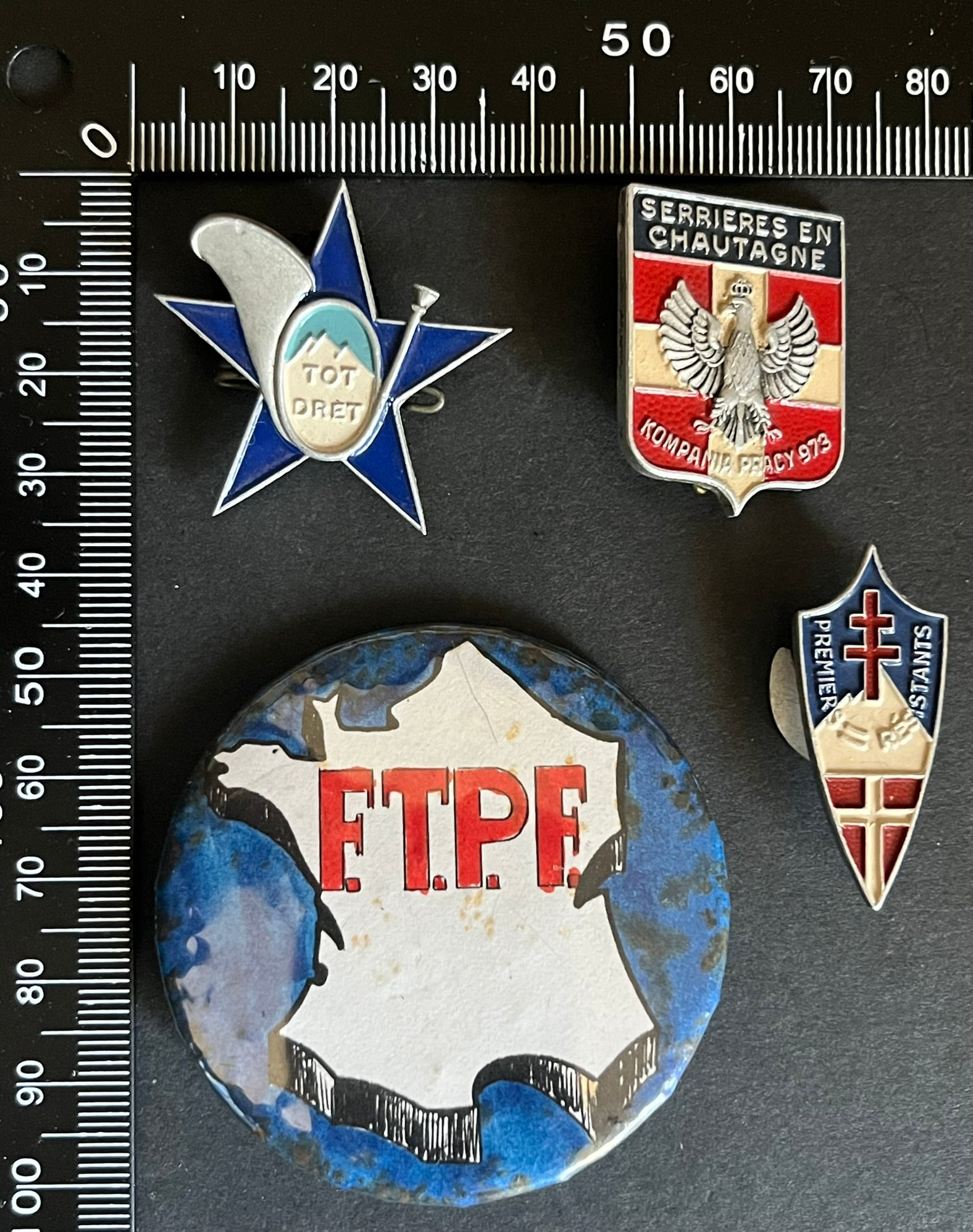 FRANCE Dpt74 et 73 INSIGNES FFI. France FFI insignia Departments 74 and 73: Lot de 4 pieces Insigne du Bataillon du Mont-Blanc (tirage 530) Augis Alu peint Association des Premiers de la Resistance en Haute Savoie numerote 63 (tirage estime 600) patin Augis Alu peint Kompania