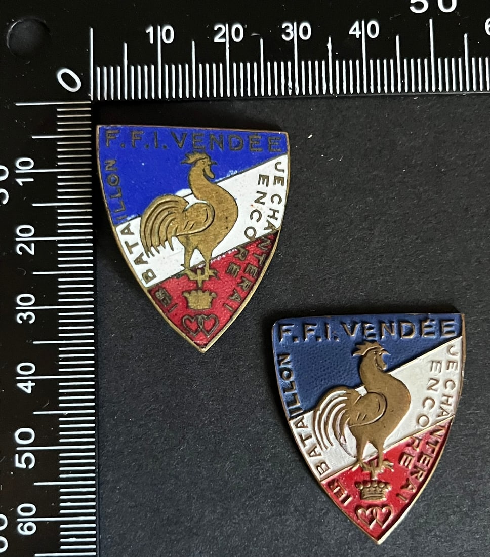 FRANCE Dpt85 INSIGNES FFI. France FFI insignia Department 85: Lot de 2 pieces Insigne 1er Bataillon FFI de Vendee 32 x 28 mm (tirage estime 1000) Sans emaille (gravure legere MM au verso) un autre Sans metal peint (sans attache) Ref Dictionnaire d identication d