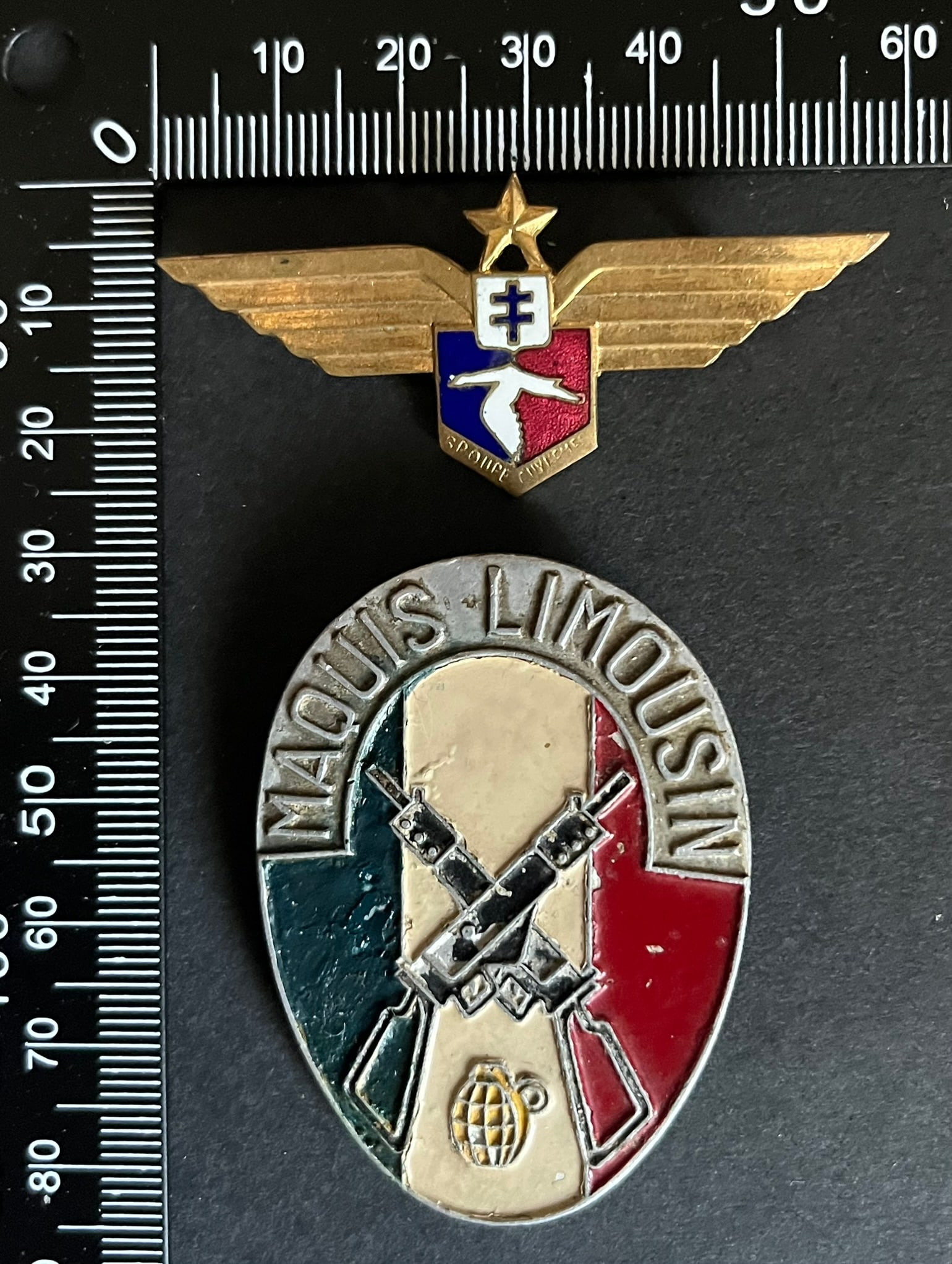 FRANCE Dpt87 INSIGNES FFI. France FFI insignia Department 87: Lot de 2 pieces Insigne du Groupe FFI Guynemer ORA Bellac numerote 59 (tirage estime 120 a 150) Cartier Paris emaille Maquis du Limousin 39 x 54 mm (tirage estime 4000) Fraisse Demey Alu peint (attach