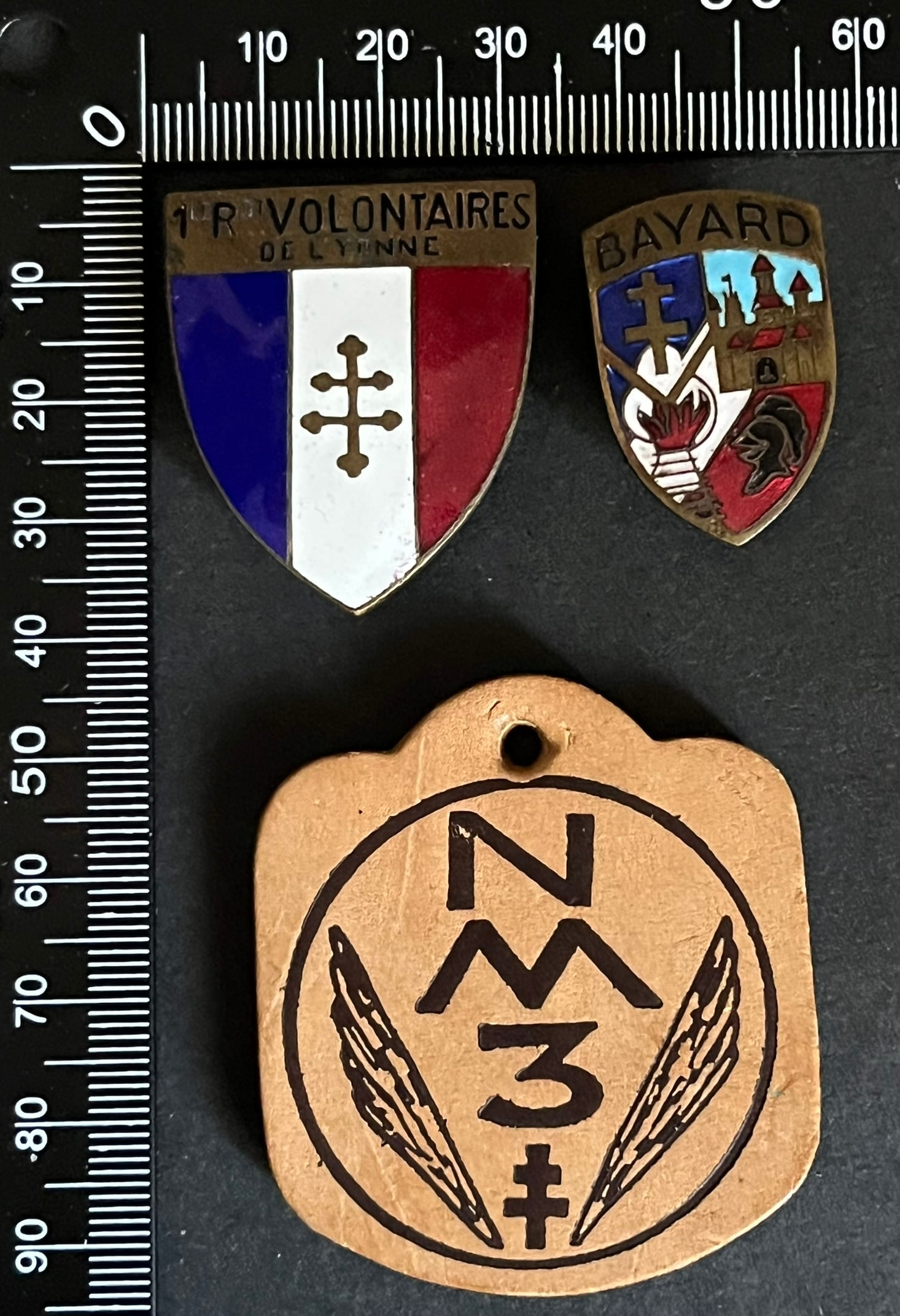 FRANCE Dpt89 INSIGNES FFI. France FFI insignia Department 89: Lot de 3 pieces Insigne 1er Regiment des Volontaires de l Yonne 36 x 31 mm (tirage estime 5 a 600) AB poincon emaille Organisation Nationale Maquis 3 (tirage 223) Sans cuir imprime Amicale du Groupe B