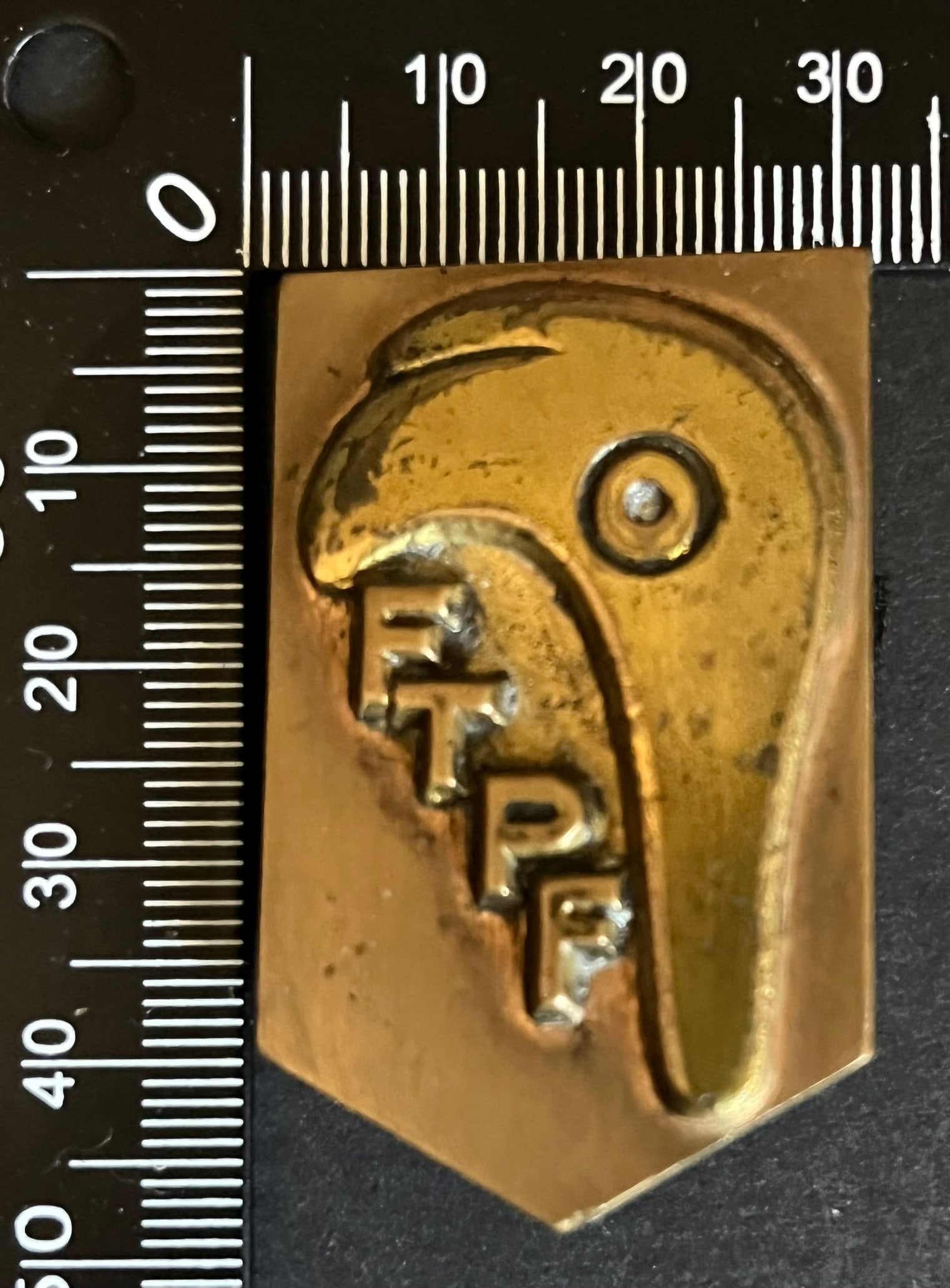 FRANCE INSIGNES FFI MOUVEMENTS. France FFI Movements insignia: Insigne FTPF fabrique dans un epais profile laiton de 30 mm 47 X 30 mm matricule par gravure n°221( forges de Fourchambault-Berry) attache bijoutier Sans Ref Dictionnaire d identication des Insignes 