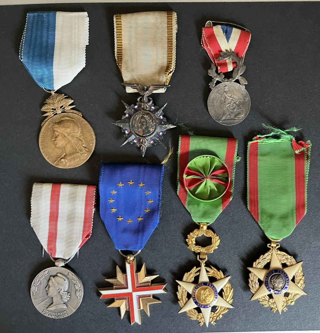 FRANCE MEDAILLES. France medals: Lot de 7 pieces Medaille du Merite de la Colonie de Madagascar classe bronze signee Roty (anneau remplace) Chevalier de l ordre du Merite de l Economie Nationale Argent emaille Croix d Officier de l O