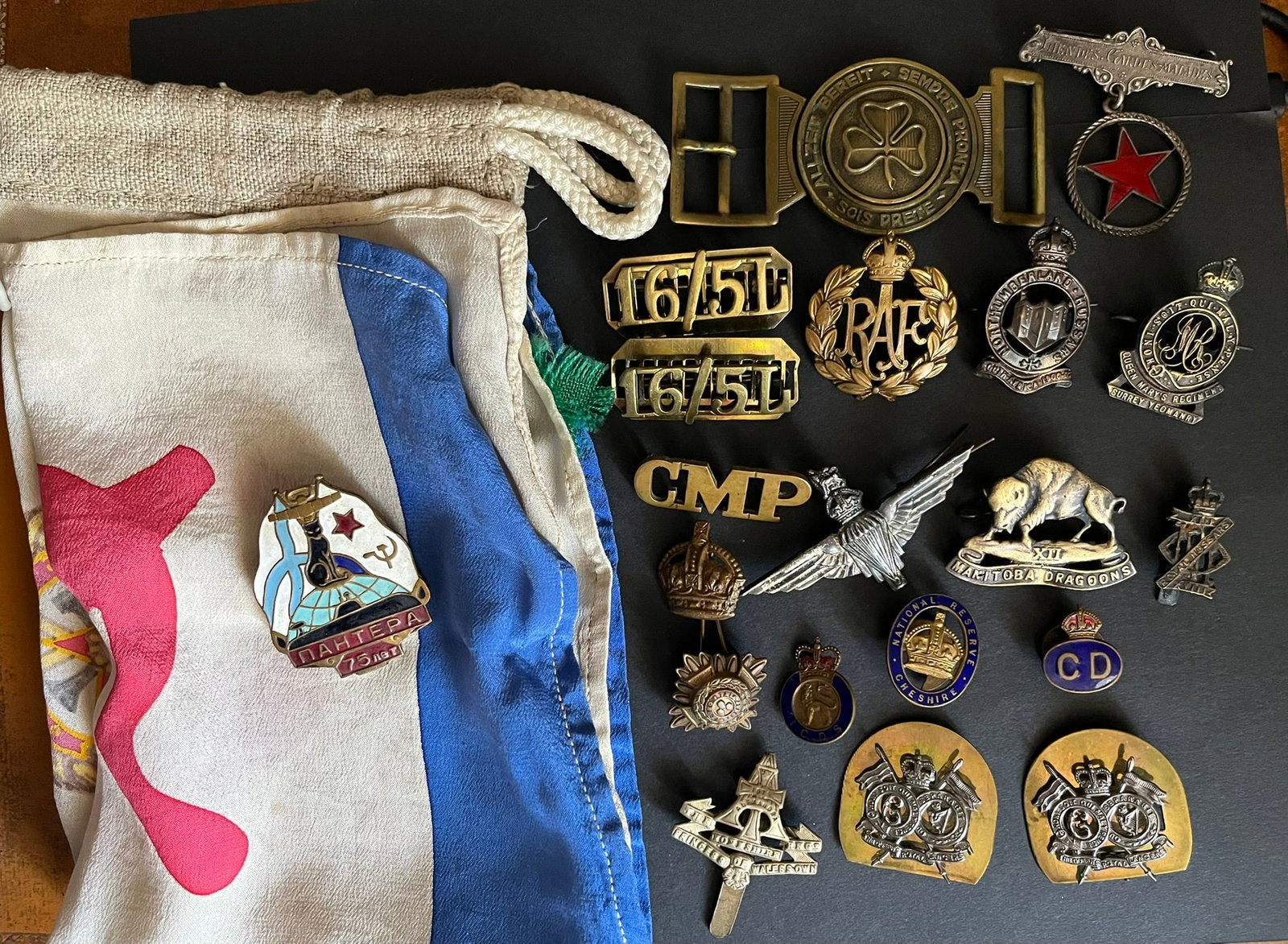 ROYAUME-UNI INSIGNES. United Kingdom insignia: Lot de 20 pieces dont cap badge Canada XII Manitoba Dragoons RAF Surrey Yeomanry Northumberland Hussars XIII/XVIII Hussars paire de titles metal du 16/5 Lancier et 10 autres insignes dont certains cas
