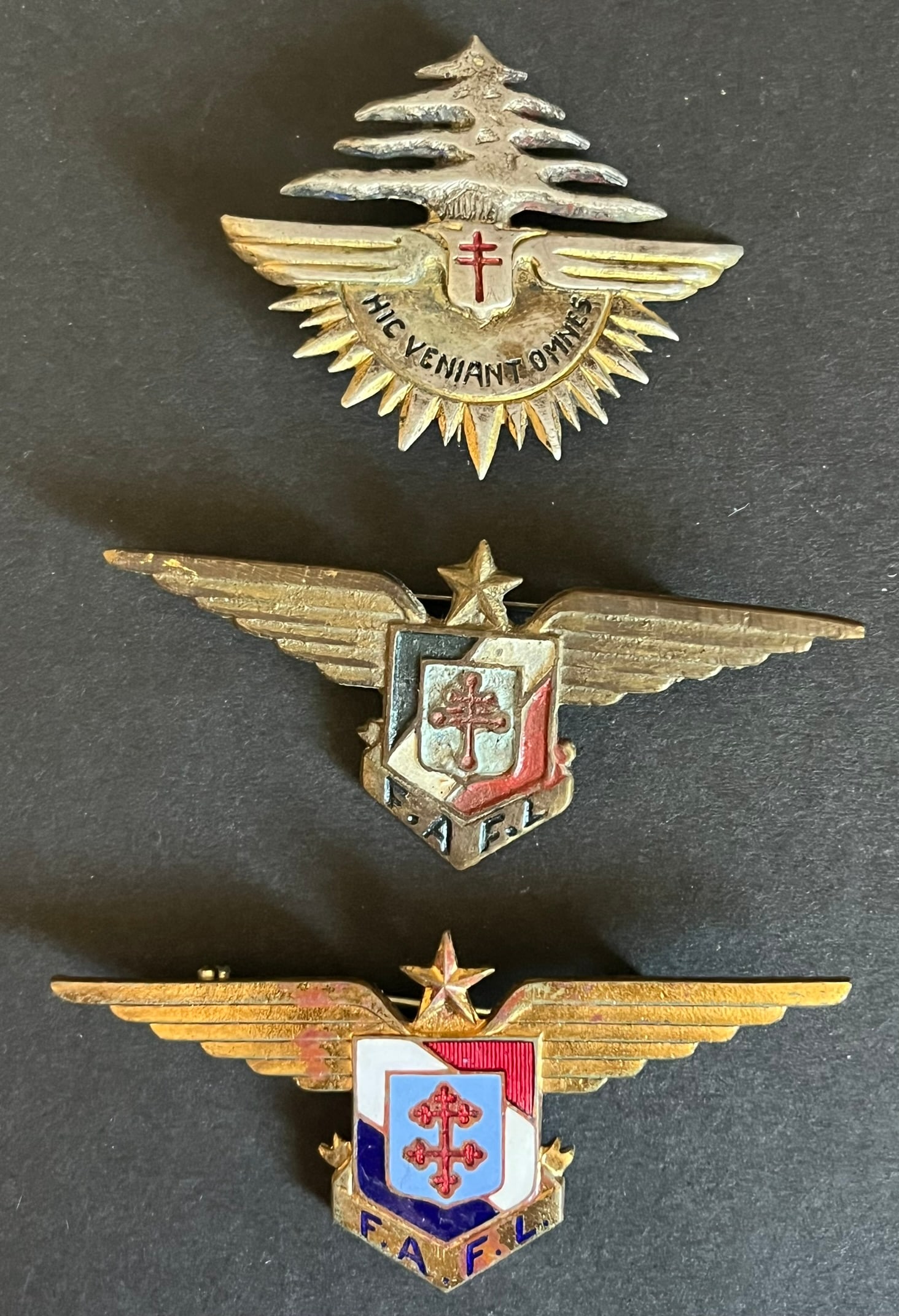 FRANCE LIBRE LEVANT. Free France Levant: Lot de 3 pieces Insigne du commandement des FAFL au Levant 45 x 40mm fabrication locale argent non poinconne Insigne FAFL fabrication locale laiton peint 62mm Insigne FAFL numerote 14469 fabrication a
